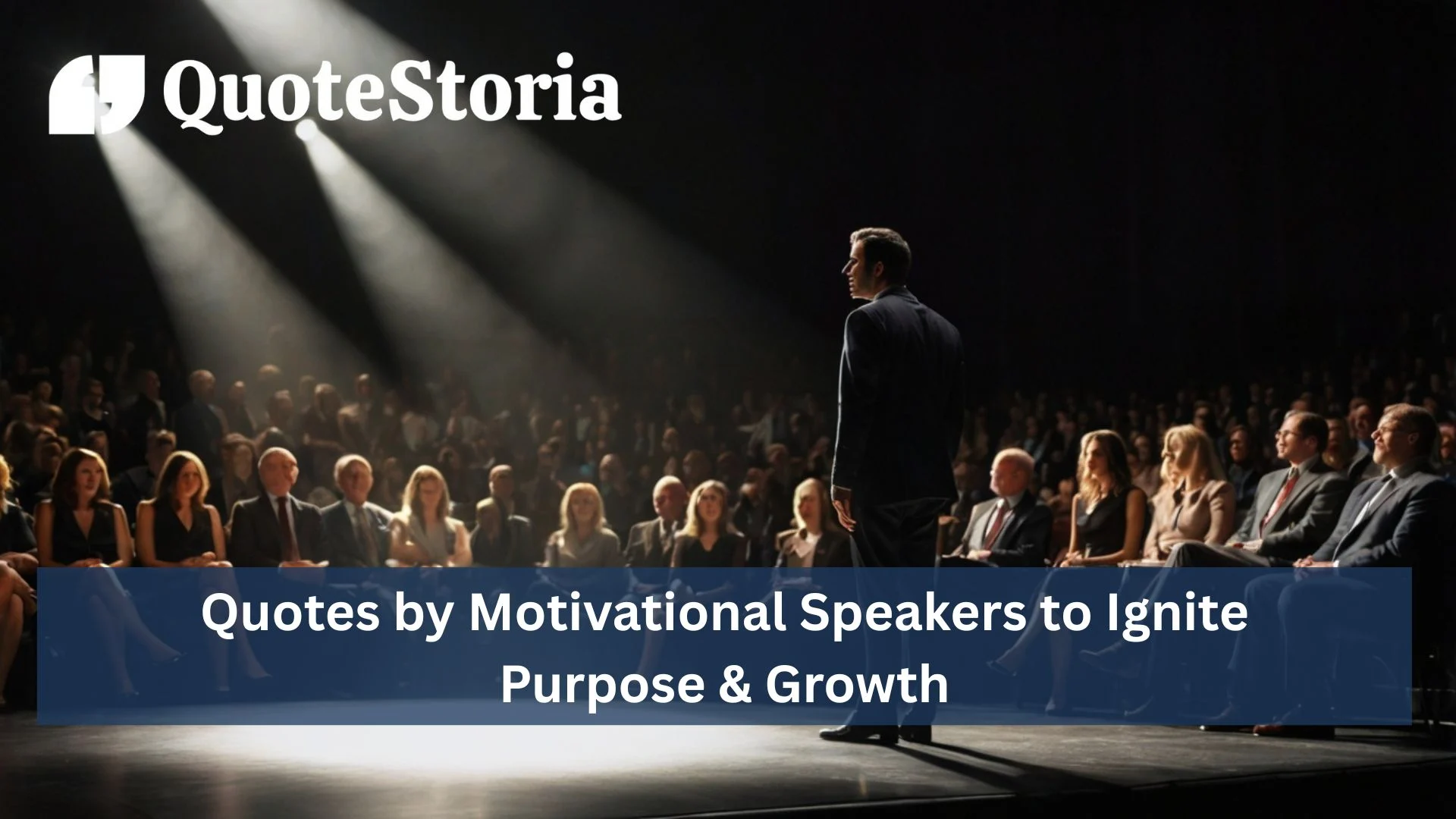 Motivational speaker on stage under spotlight inspiring a crowd with powerful words