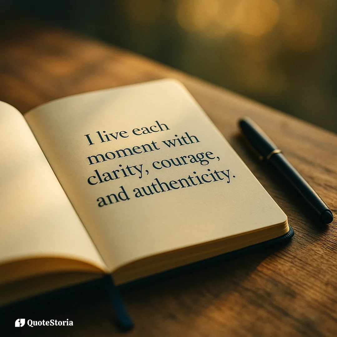 Minimalist affirmation image with elegant serif text ‘I live each moment with clarity, courage, and authenticity’ over a glowing gradient background of gold radiance and deep navy edges, symbolizing strength and presence.