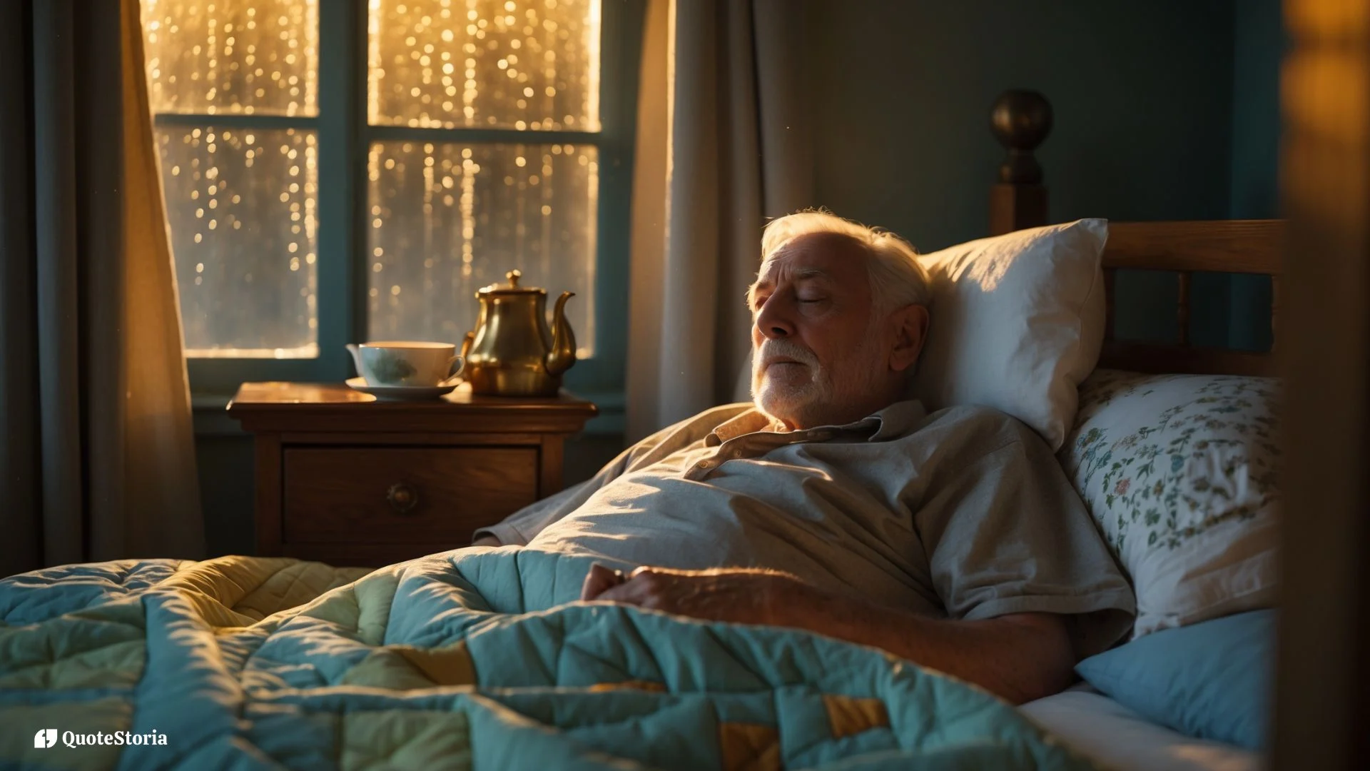 Cinematic minimalist image of golden light falling on a quilted bed near a rain-streaked window, evoking stillness and presence.