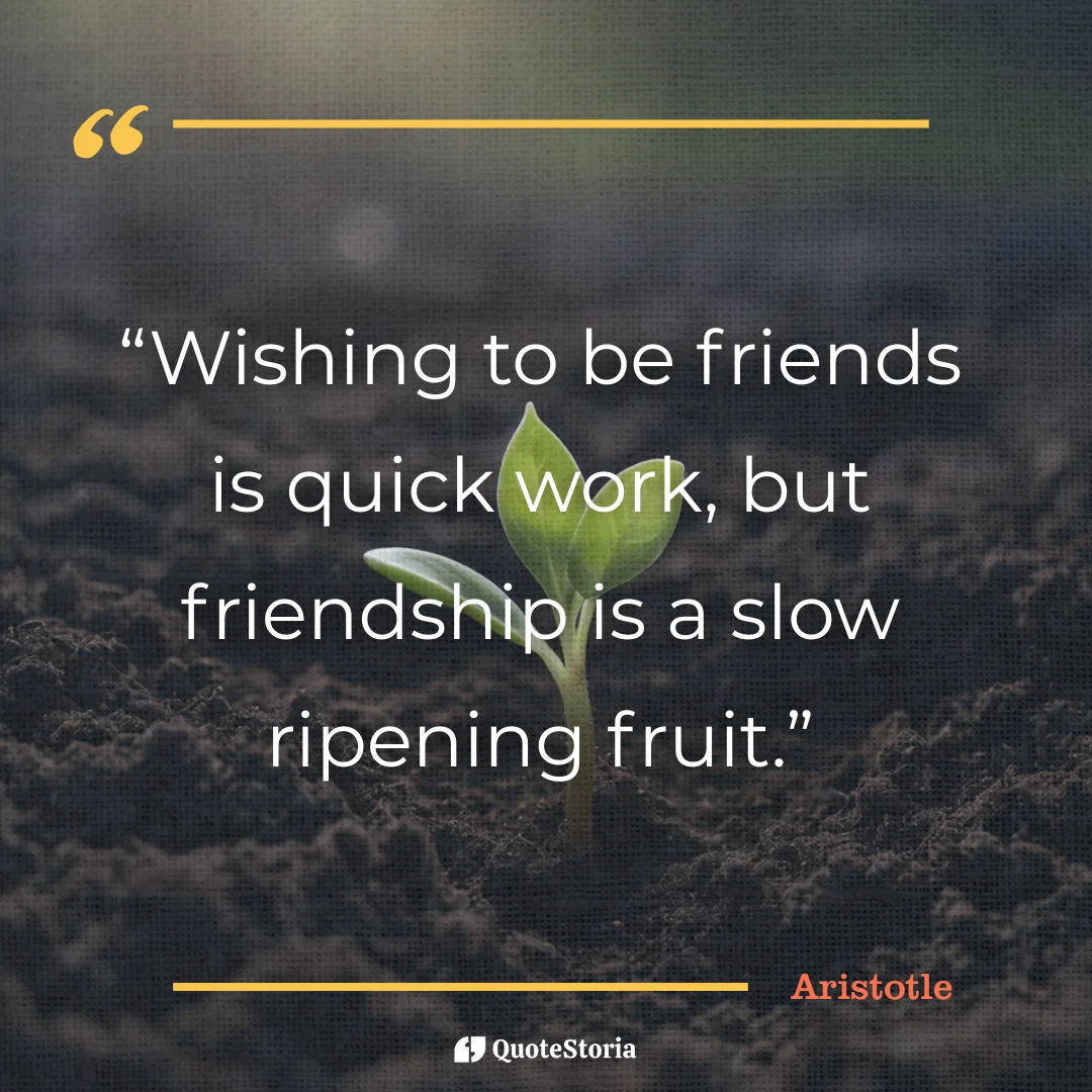 Aristotle quote card: "Wishing to be friends is quick work, but friendship is a slow ripening fruit."