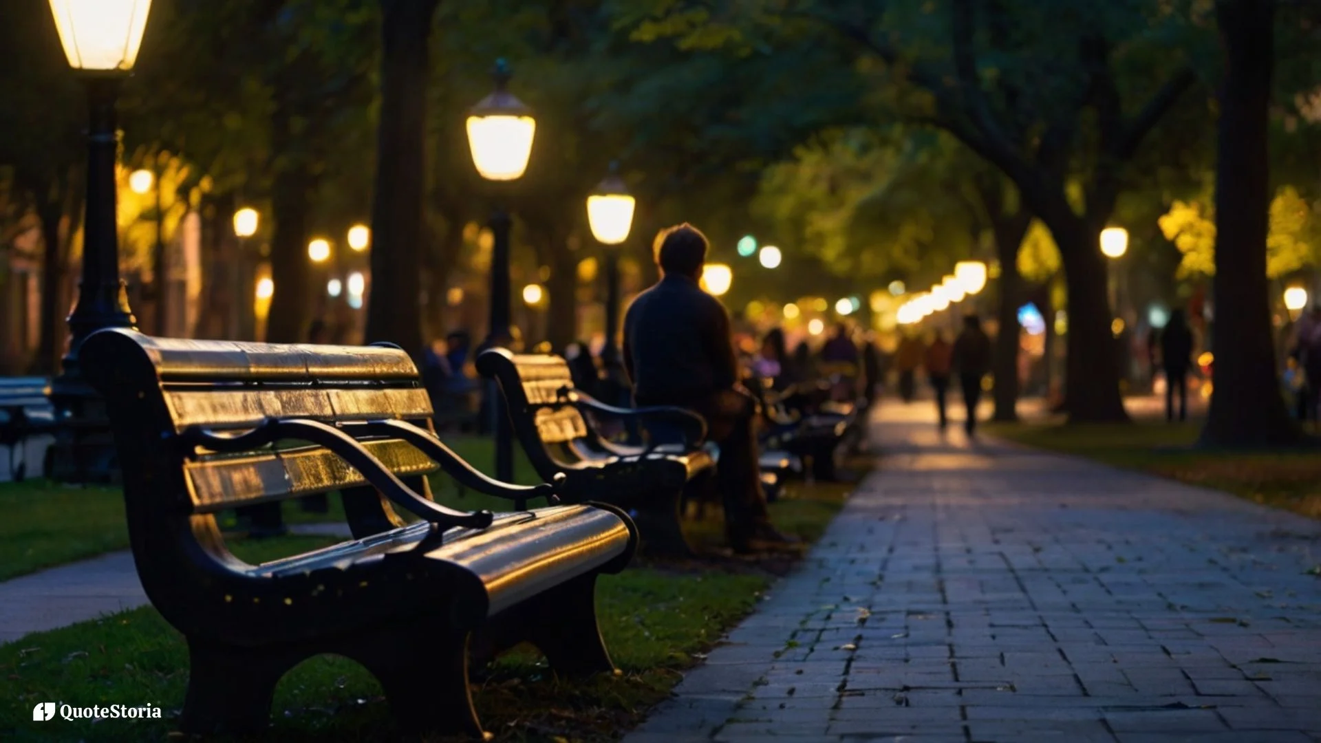 "City park bench at night with distant children’s laughter symbolizing joy."