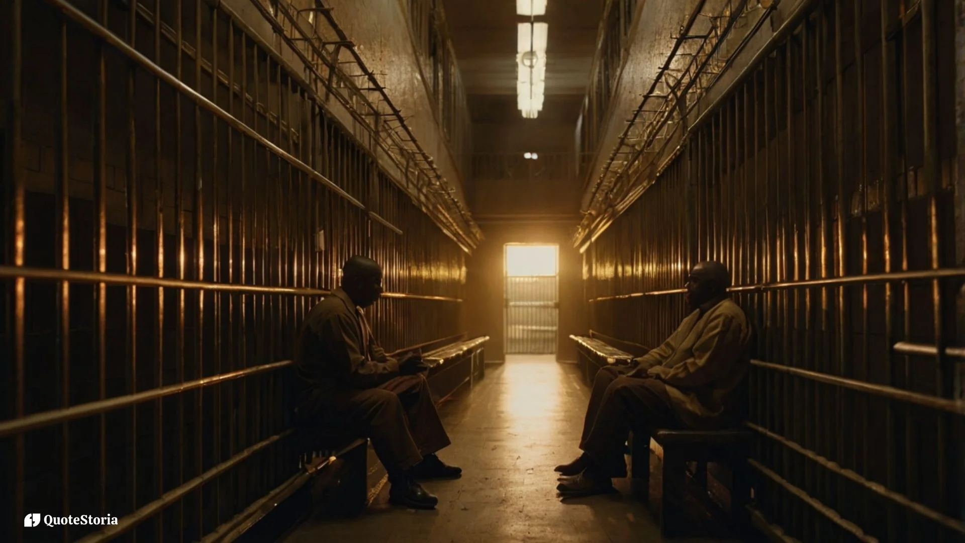 "Two figures in dialogue across prison bars, empathy bridging judgment."