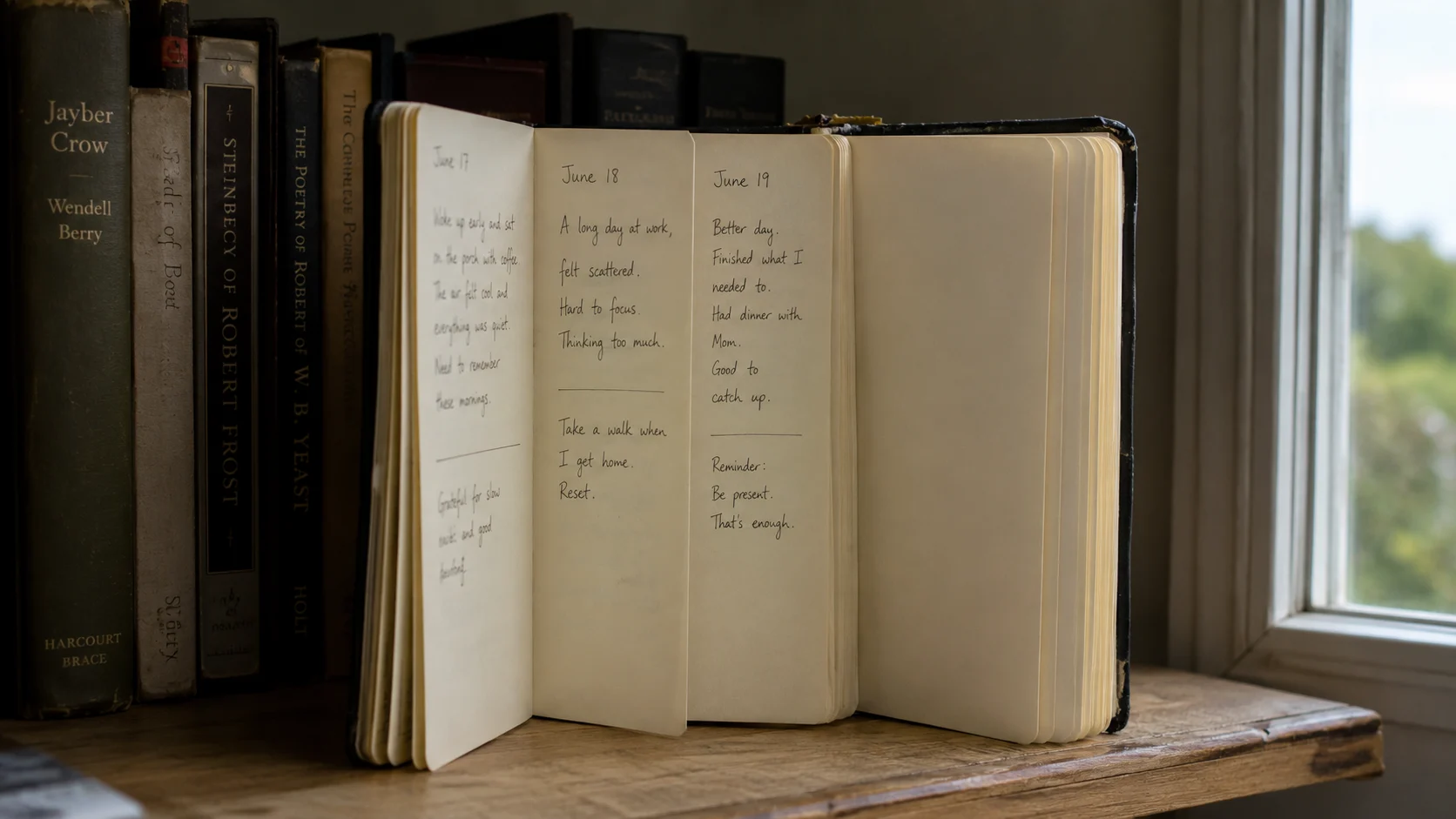 Journal on shelf, three written pages, rest blank