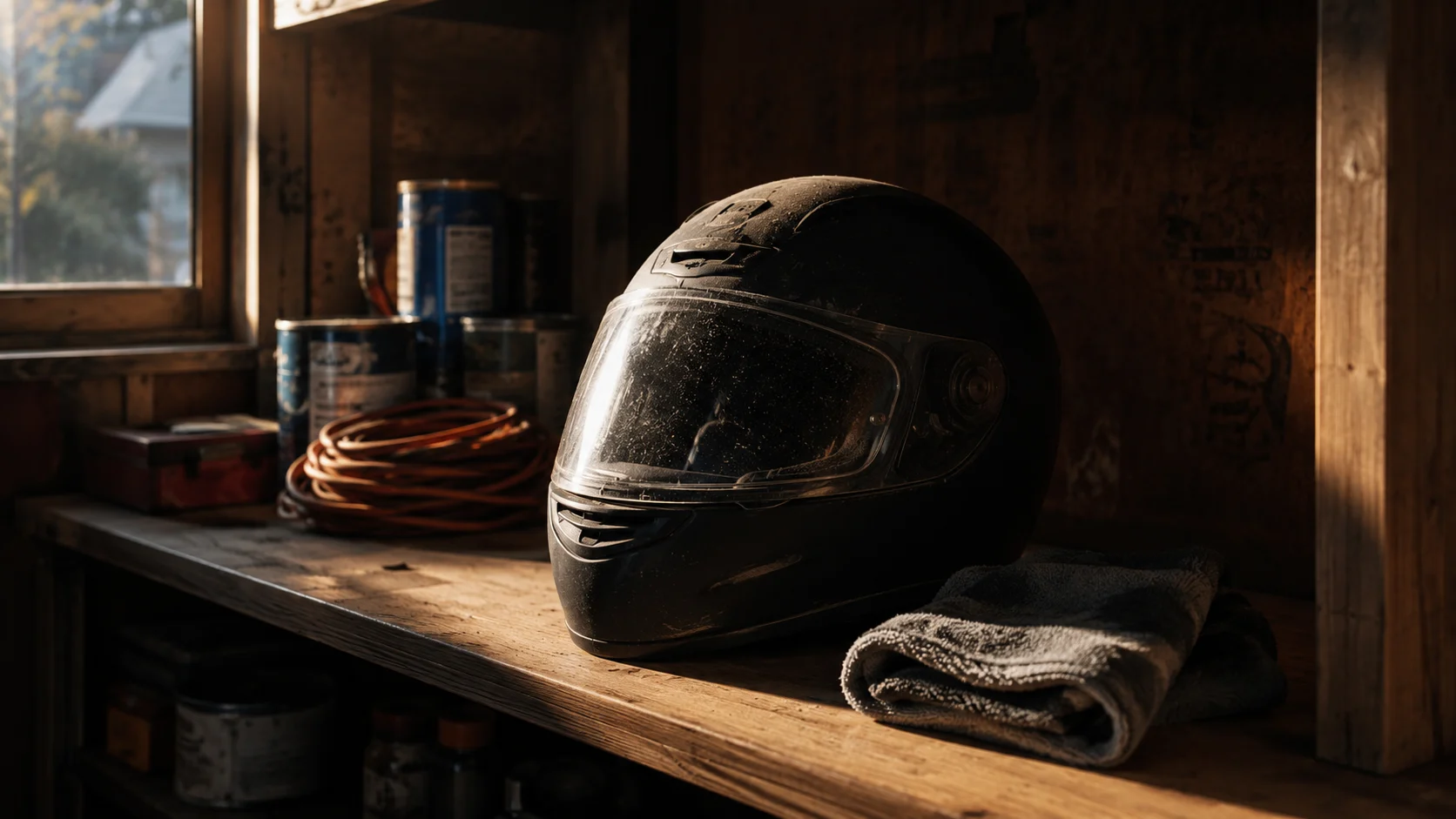 motorcycle helmet on shelf, dust on visor, cloth beside it
