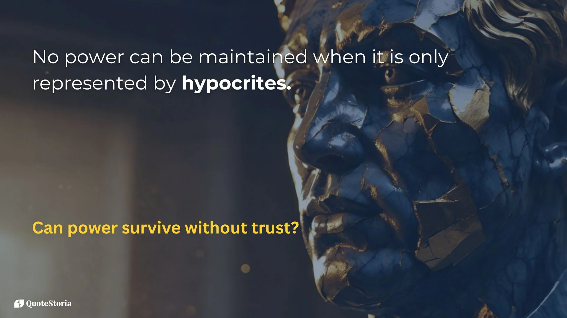 Friedrich Nietzsche featured image – "No power can be maintained when it is only represented by hypocrites" with dark storm clouds over a crumbling statue.