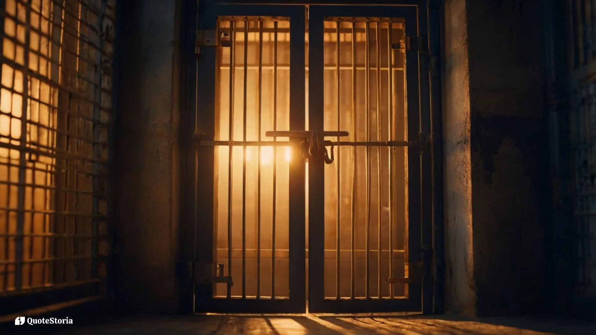 "Prison door opening to light, symbolizing inner strength revealed through struggle."