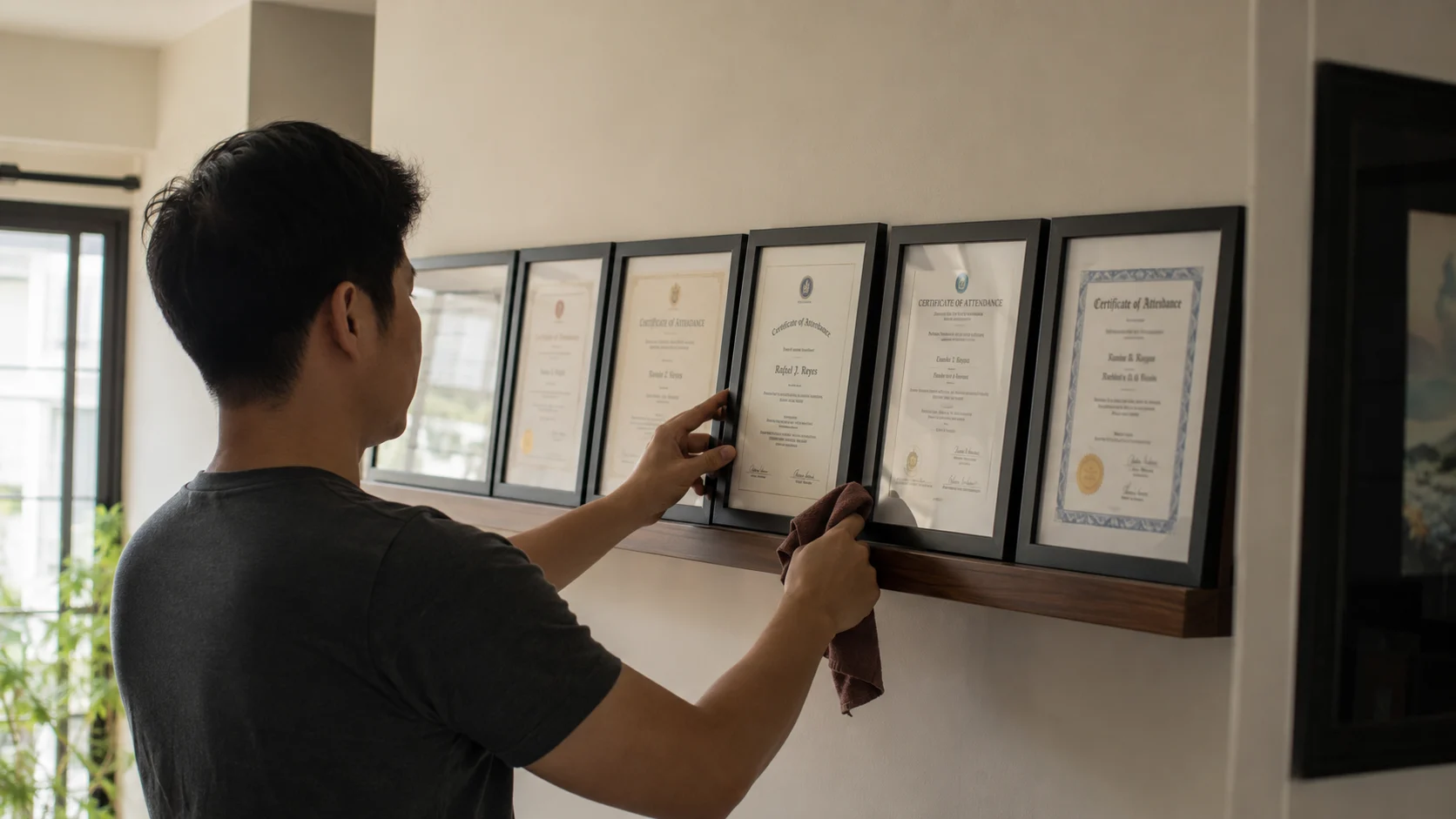 hands straightening a framed certificate on a wall shelf
