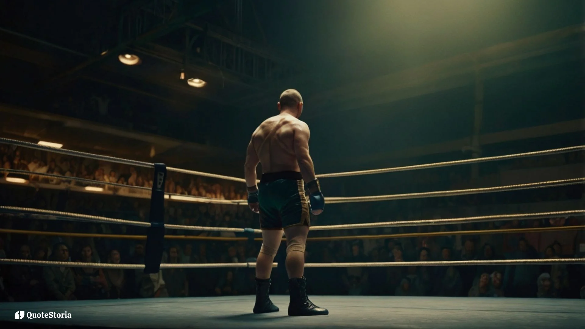 Cinematic illustration of resilience shown through a lone figure in a golden-lit wrestling ring, symbolizing life’s struggles.
