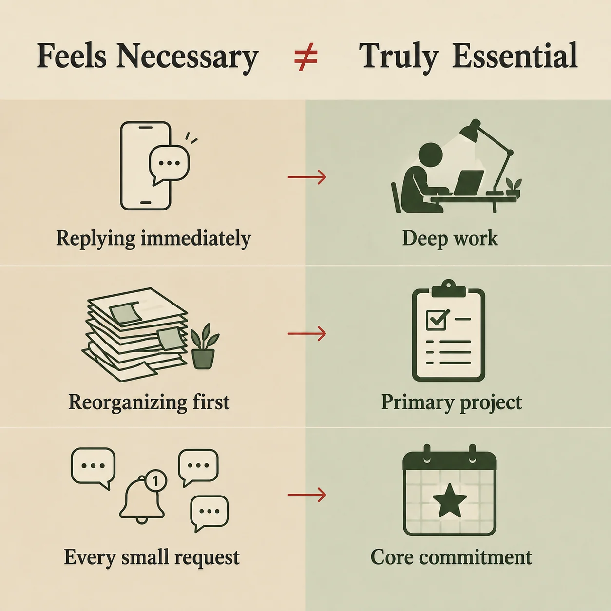 Diagram contrasting tasks that feel necessary with those that are actually essential.