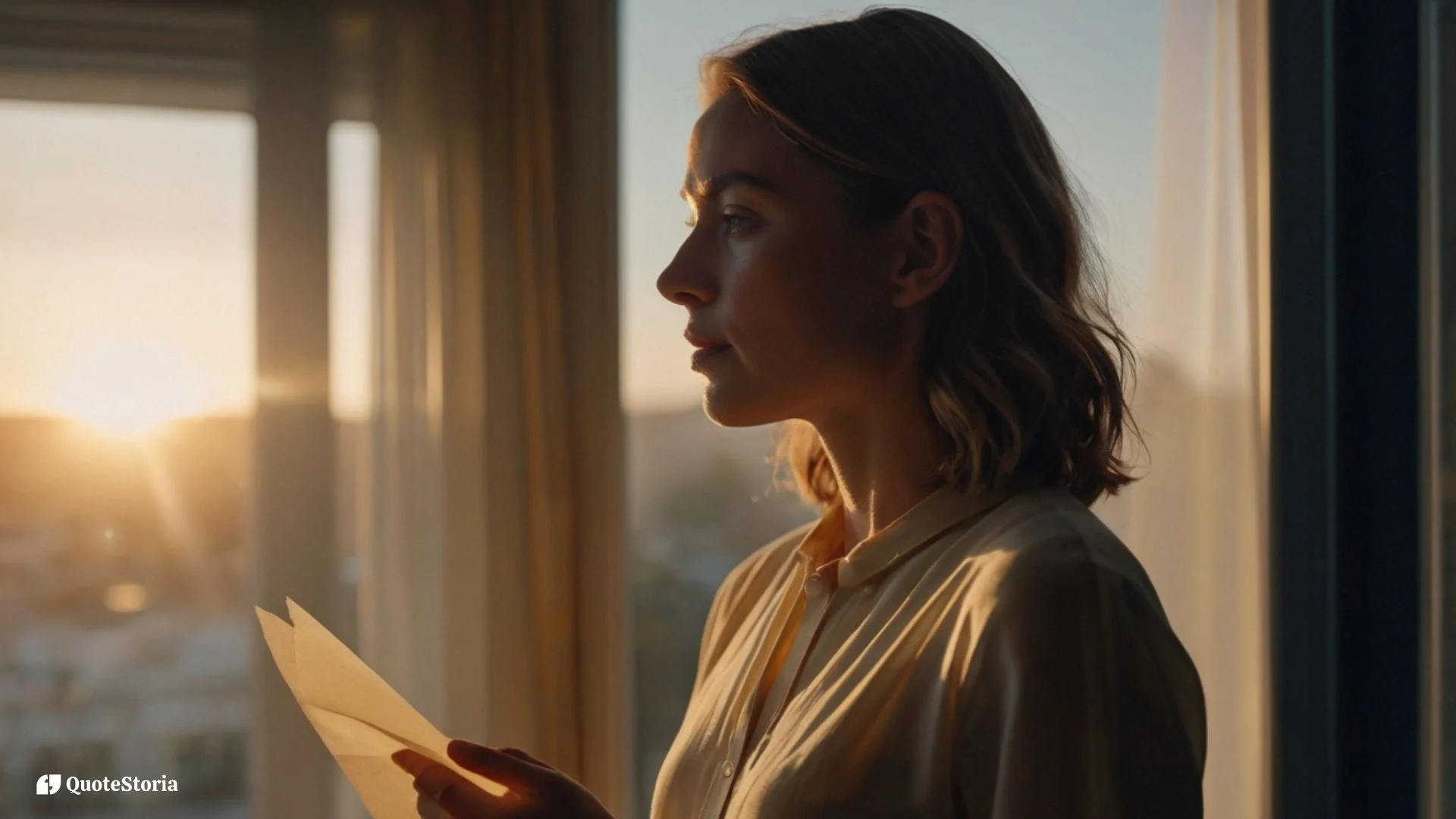 Woman releasing a paper by a sunlit window, symbolizing letting go of pain and finding peace.