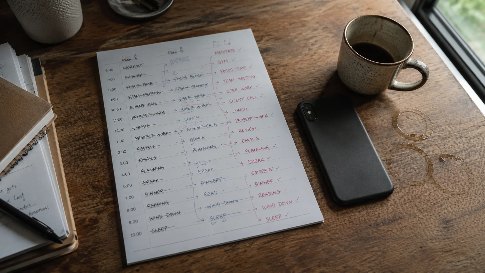 planner page rewritten twice, phone face-down, moved mug ring