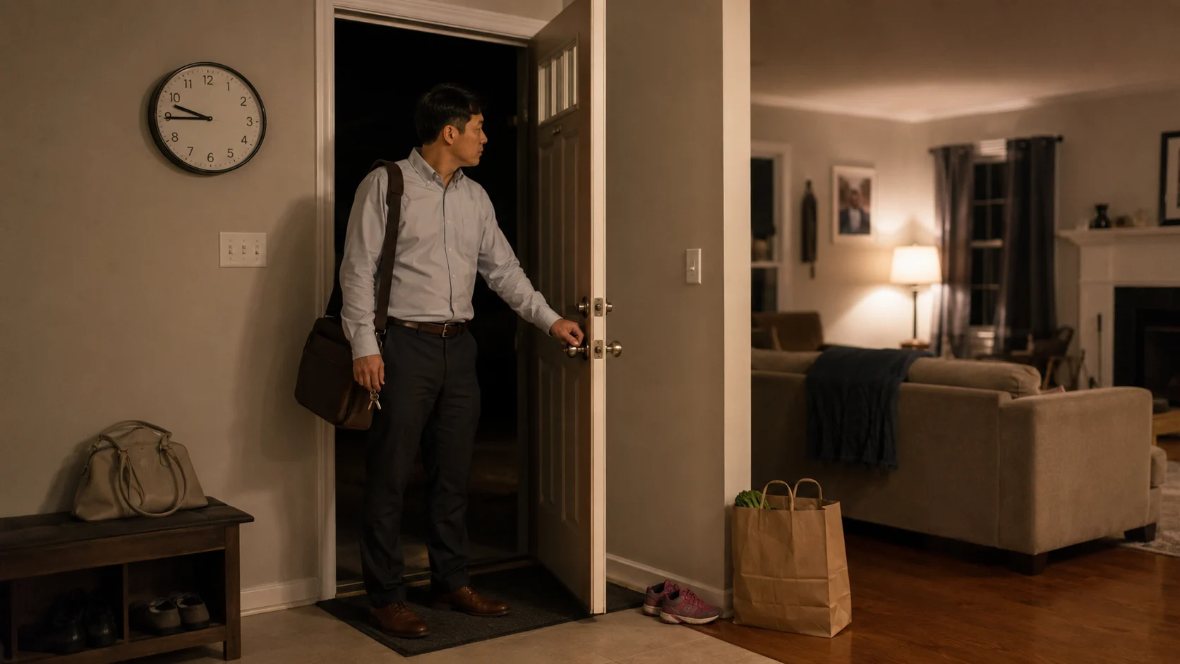 Person standing in an open doorway holding keys after arriving home.