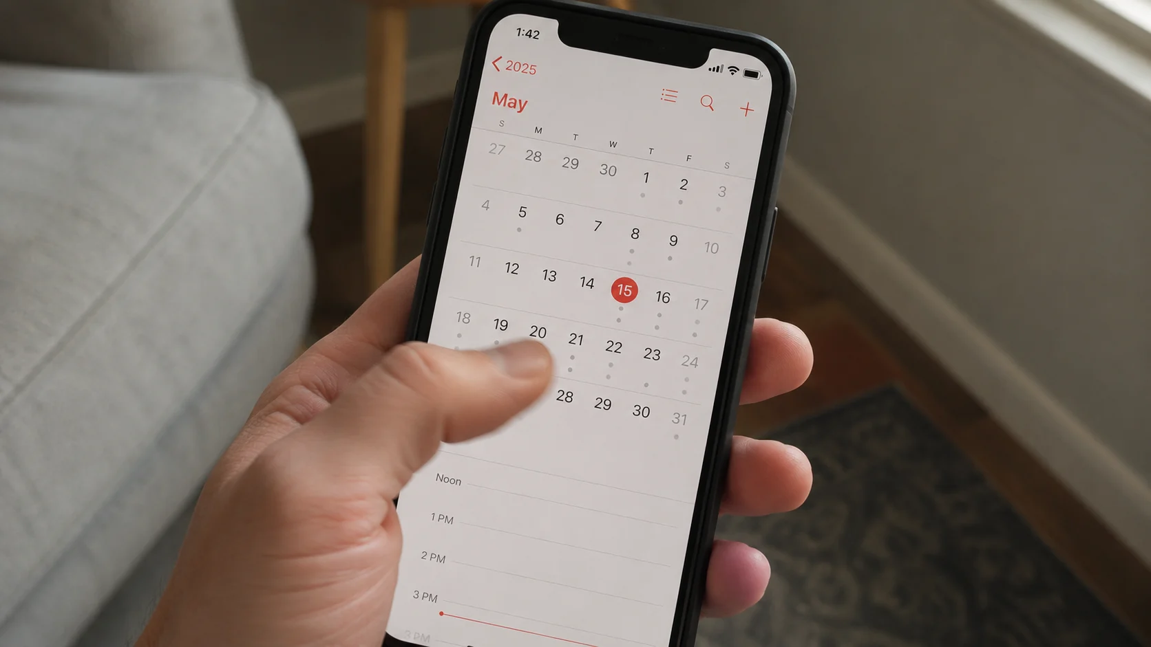 thumb swiping past today's highlighted date on a phone calendar