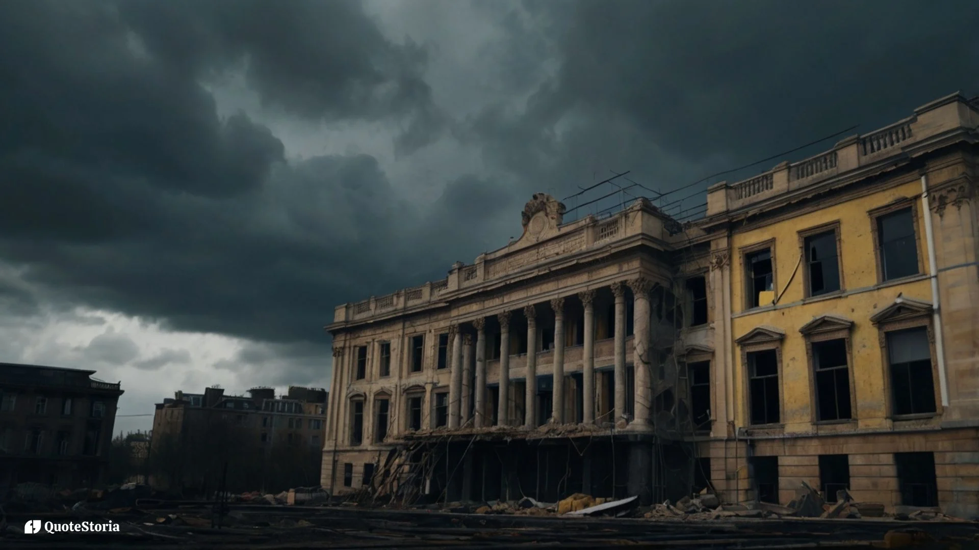"A crumbling building under storm clouds symbolizing fragile power."
