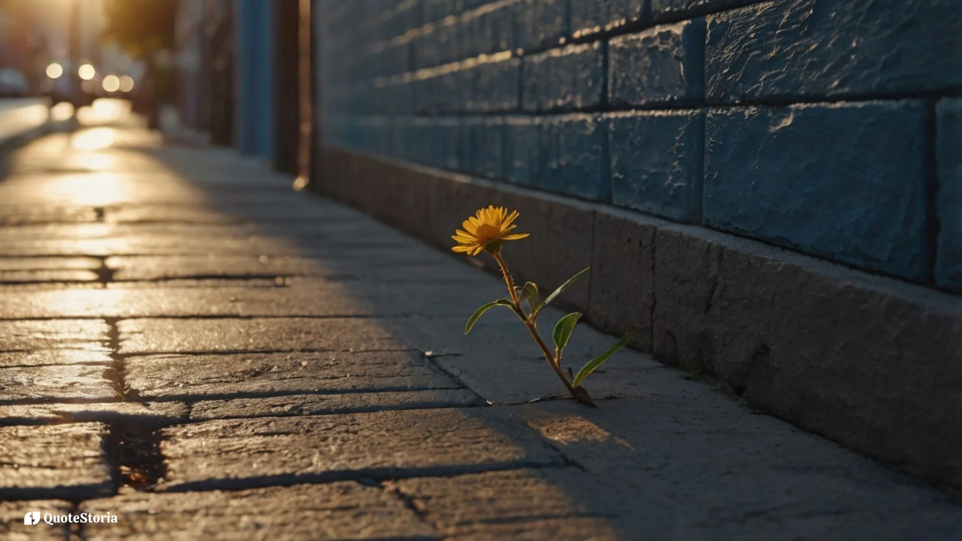 “Flower breaking through a sidewalk crack under golden sunlight, symbolizing presence and small joys.”