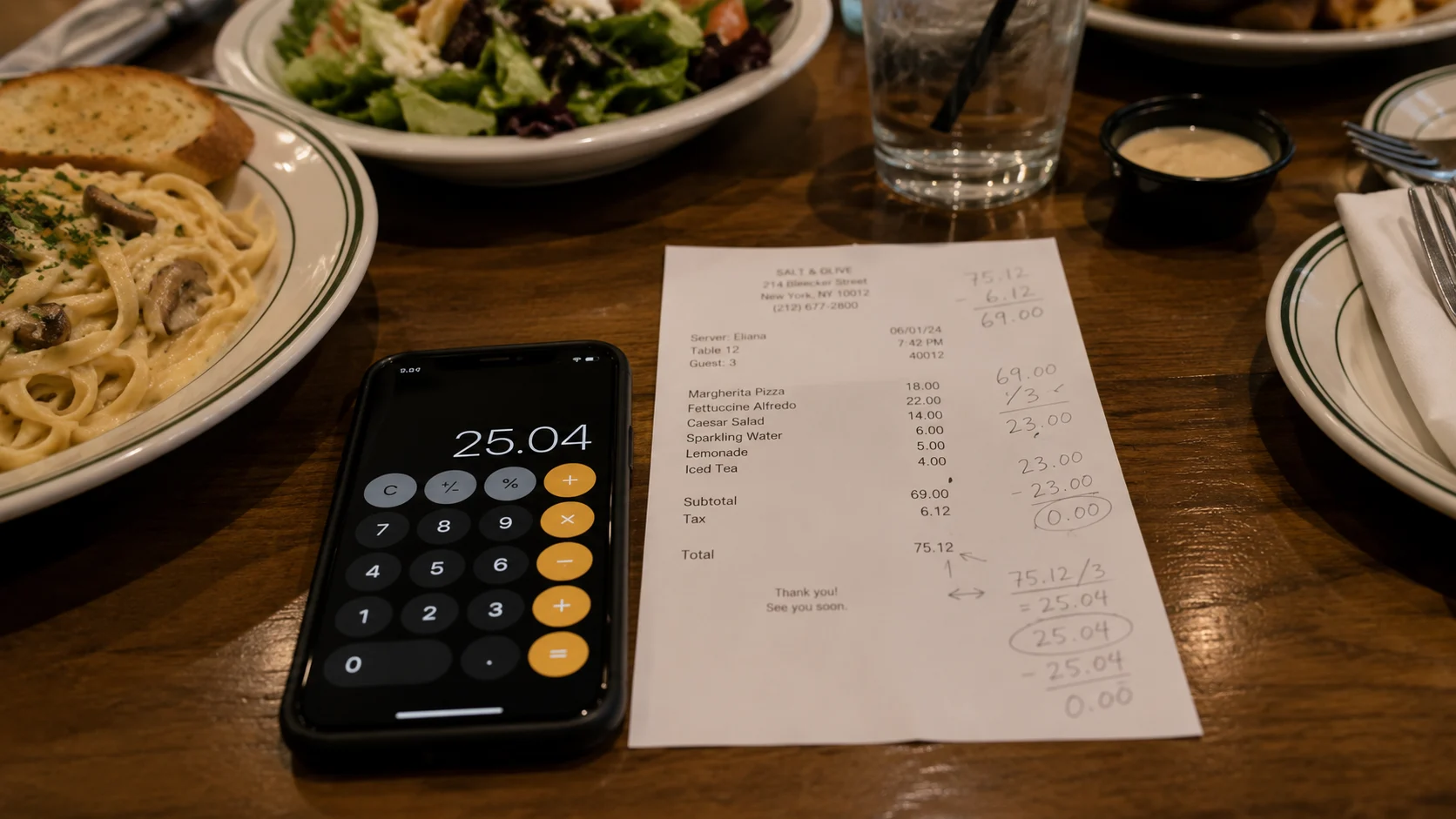 receipt with pencil math, calculator phone, untouched plates