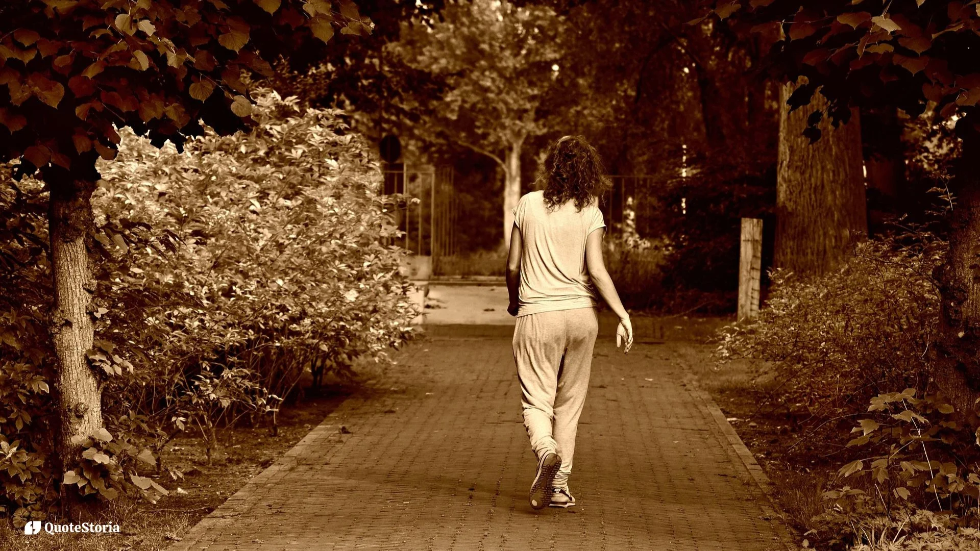 "Resilient person walking in misty park at sunrise, symbolizing inner strength."