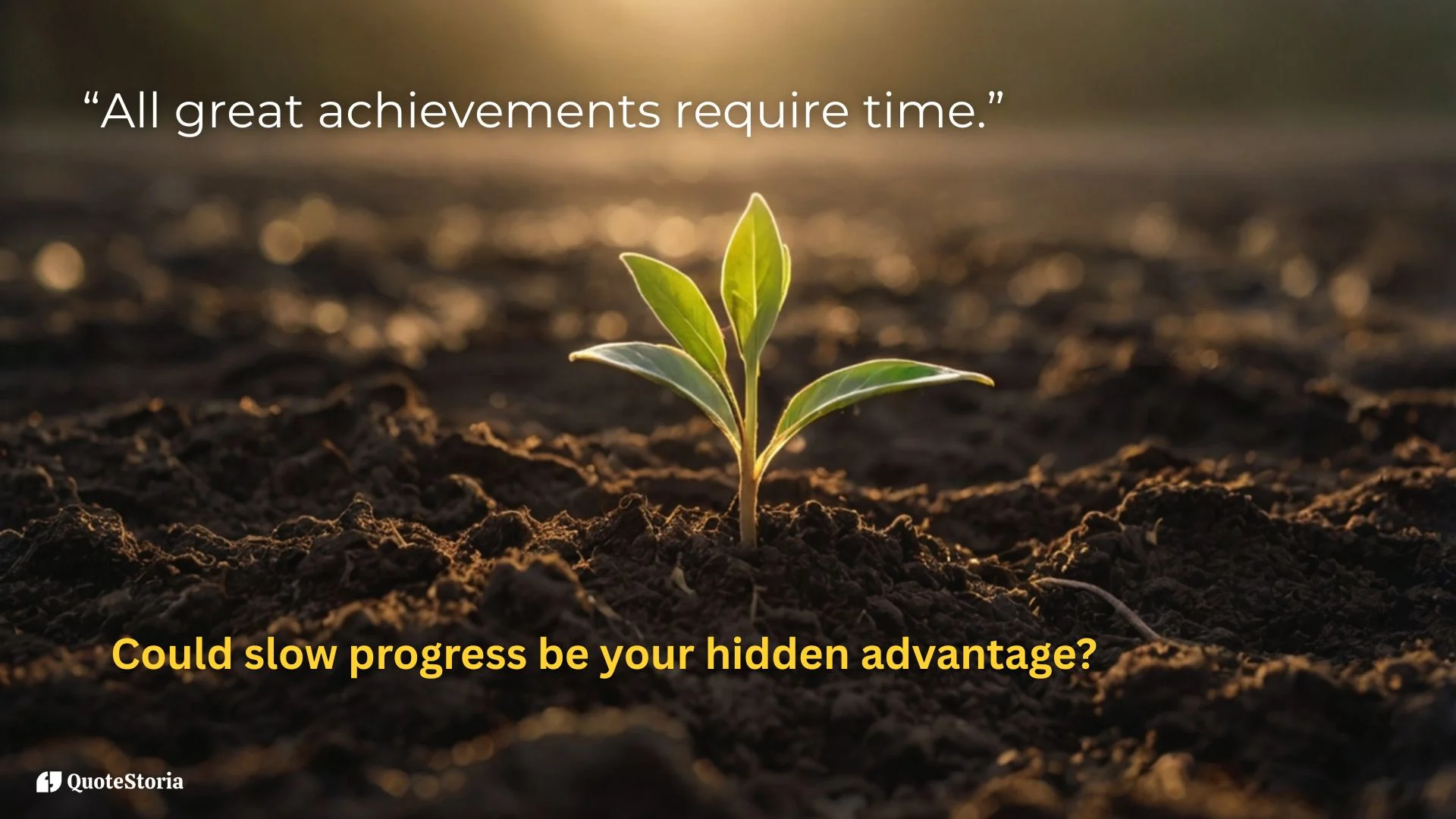 “Maya Angelou featured image quote: ‘All great achievements require time.’ Symbolic seedling growing through soil.”