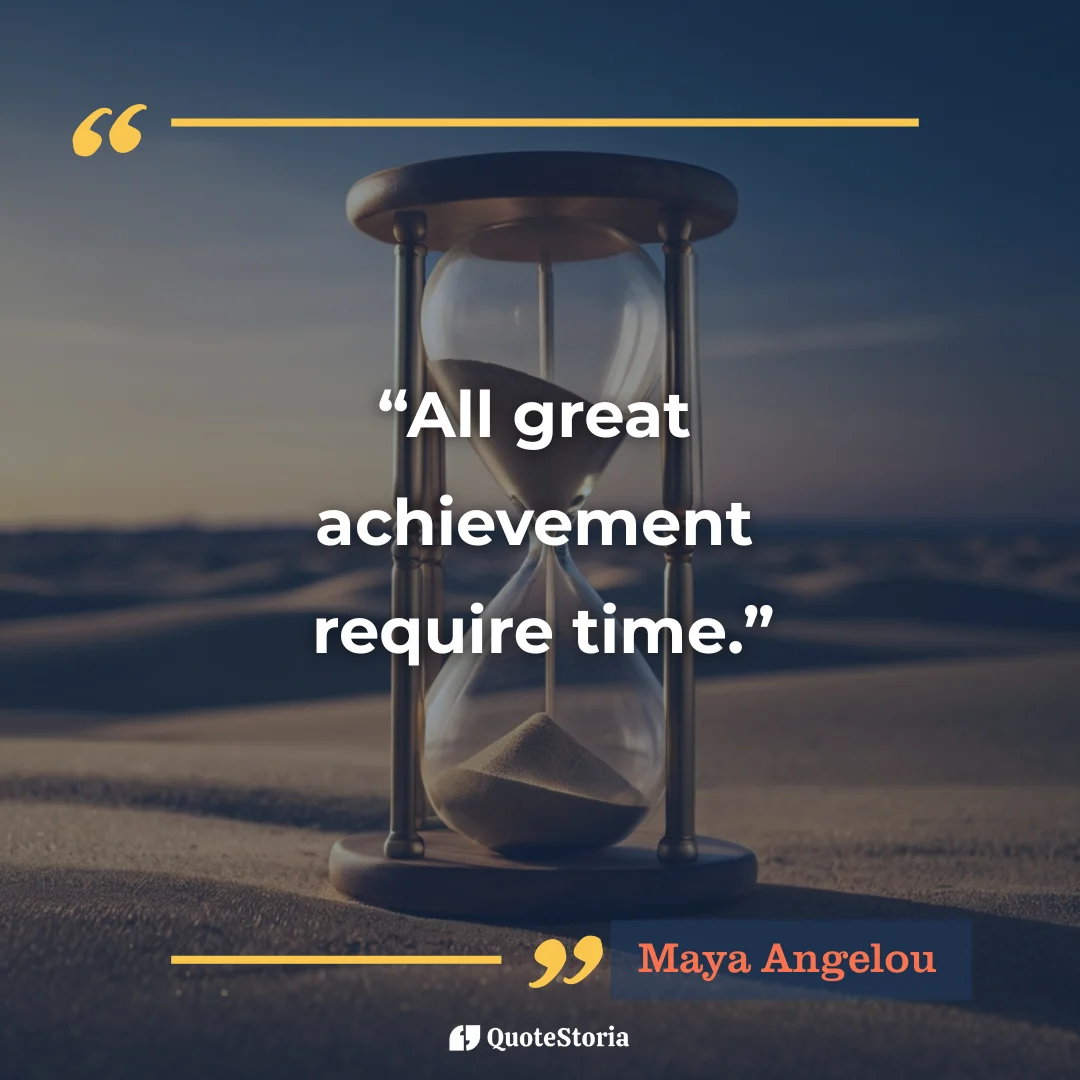 “Quote by Maya Angelou: ‘All great achievements require time.’ Hourglass symbolizing patience.”