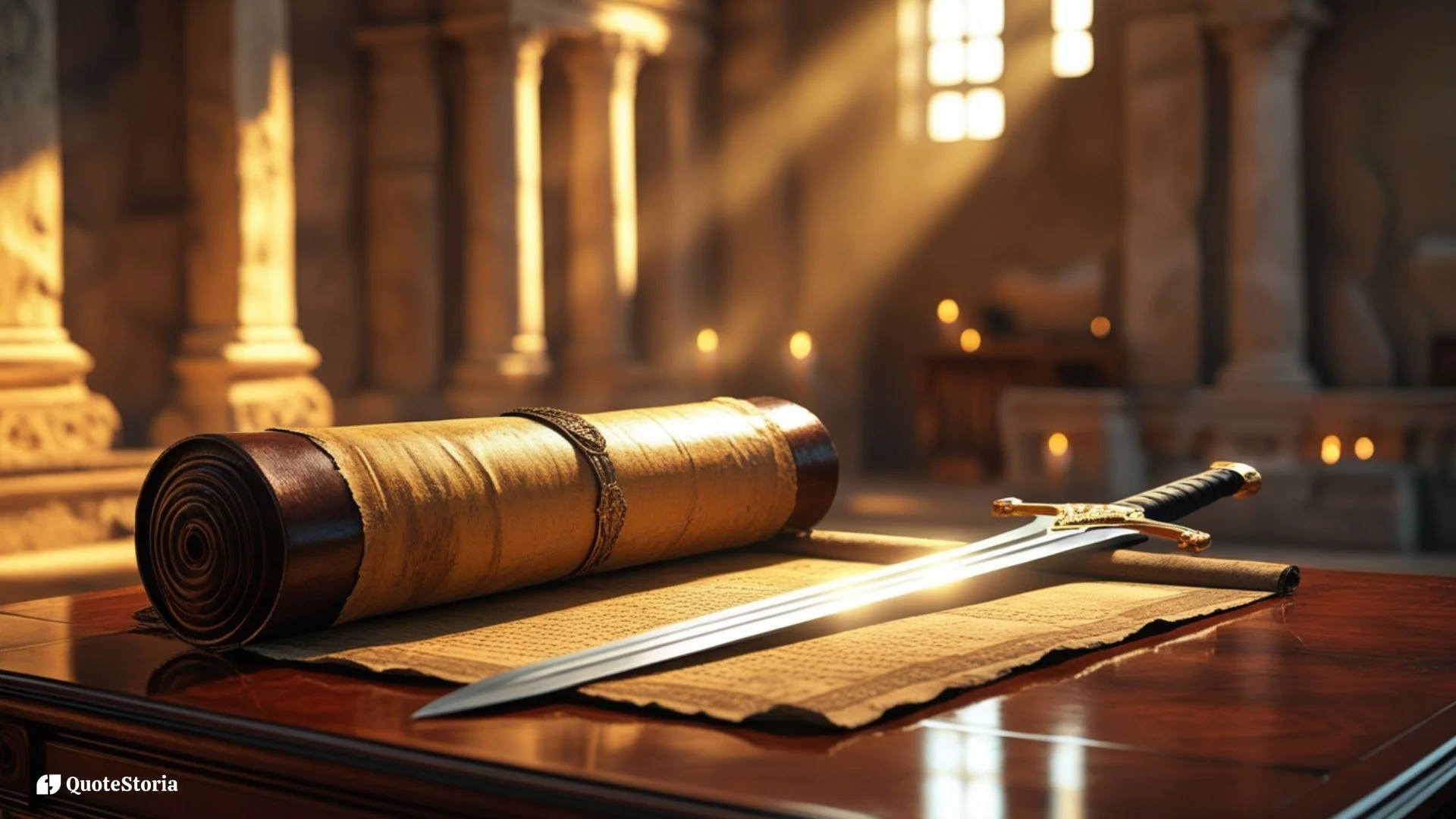 "Symbolic image of scroll and sword showing wisdom and power in leadership."