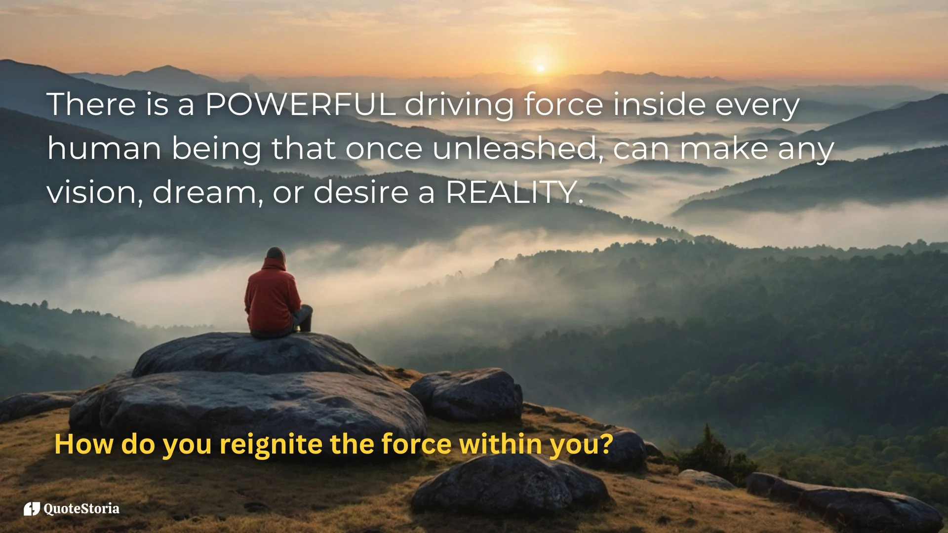 "Tony Robbins quote image: powerful inner force awakening at sunrise."