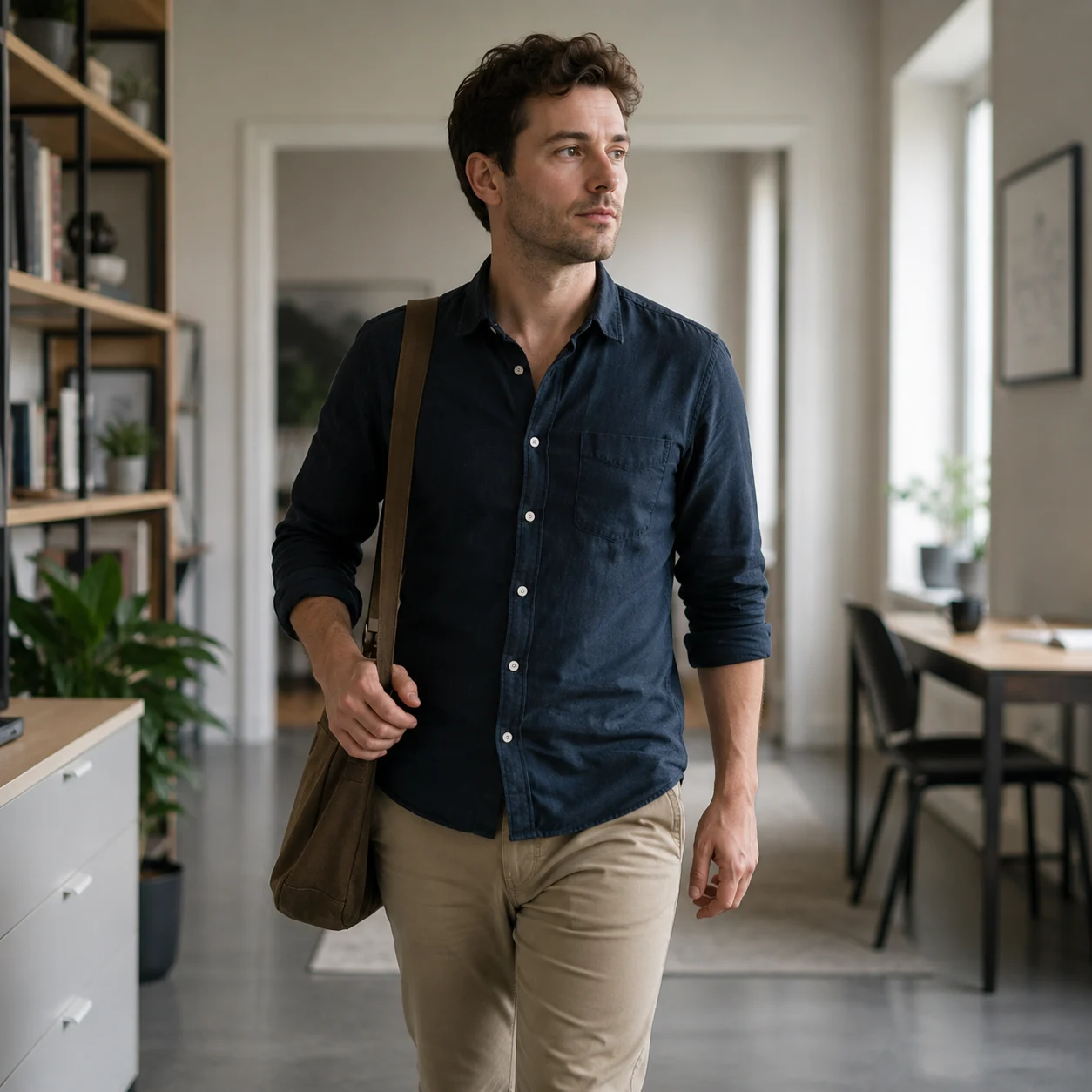 A person moving with relaxed ease through a calm, well-ordered interior space, their expression neutral, their body language unhurried and settled.