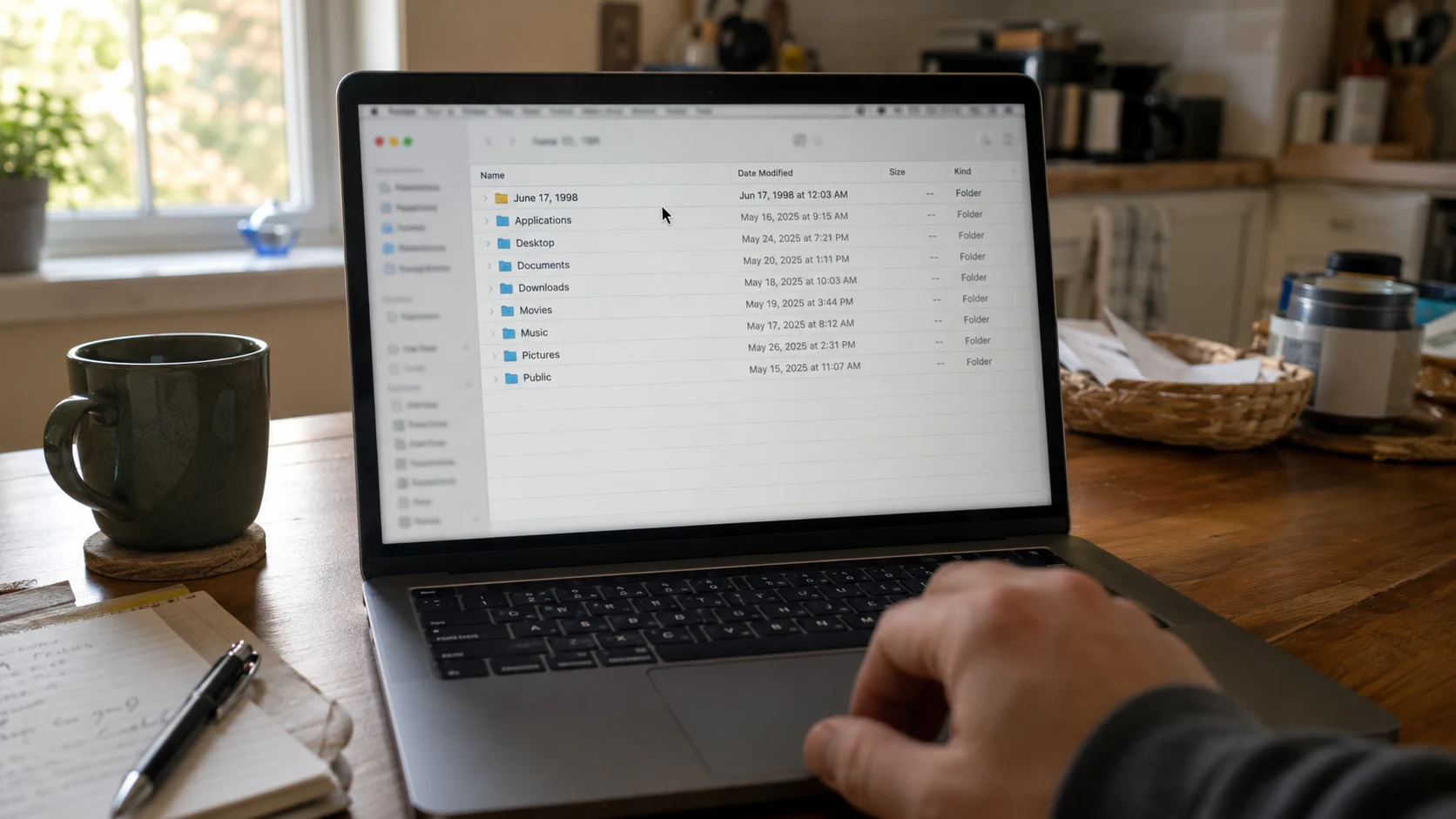 laptop screen showing folder window, hand pulling back from mouse