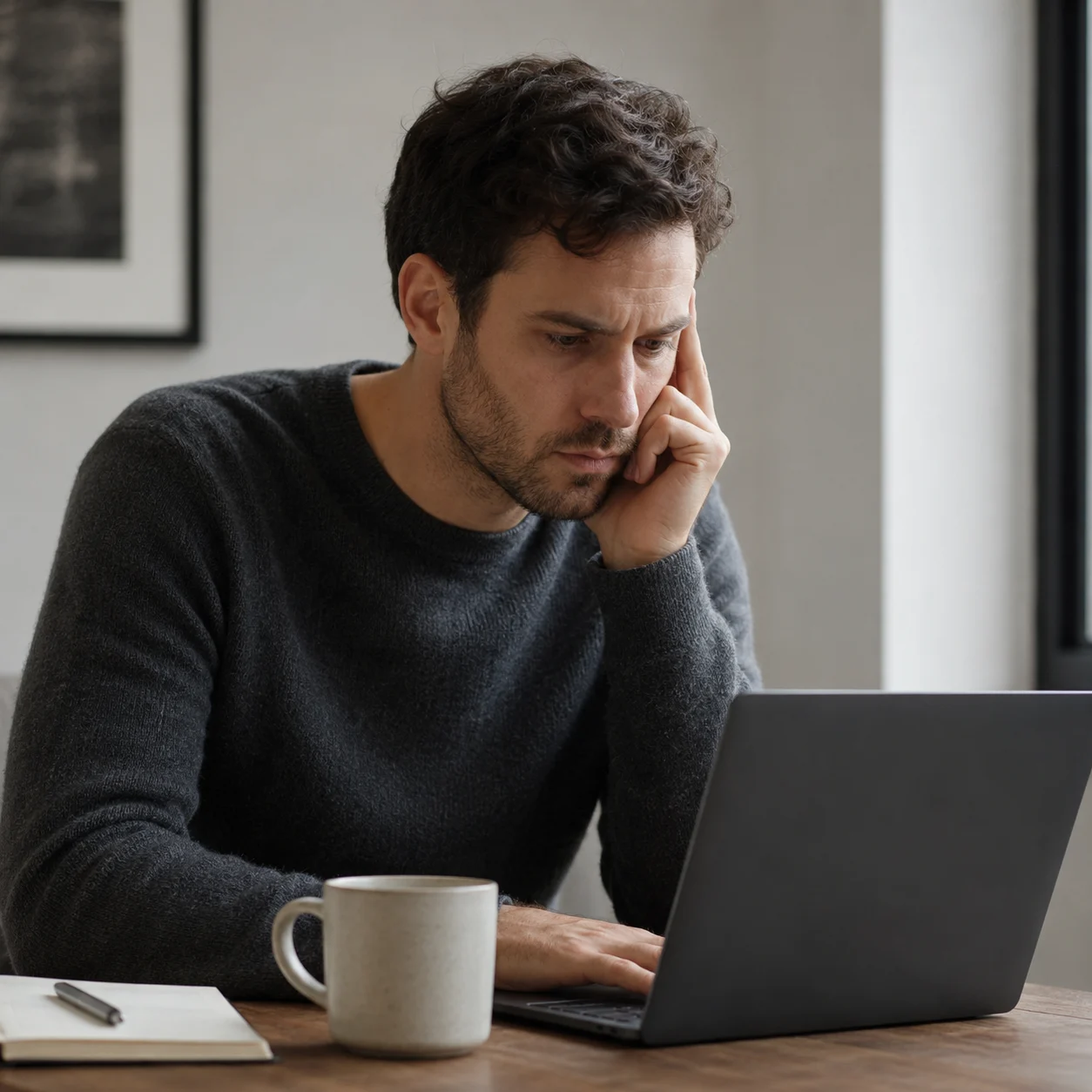 A person leans forward at a desk, reviewing something on a laptop or document, returning to work already done, slightly concentrated, caught in the ordinary friction of going back over what was already placed.