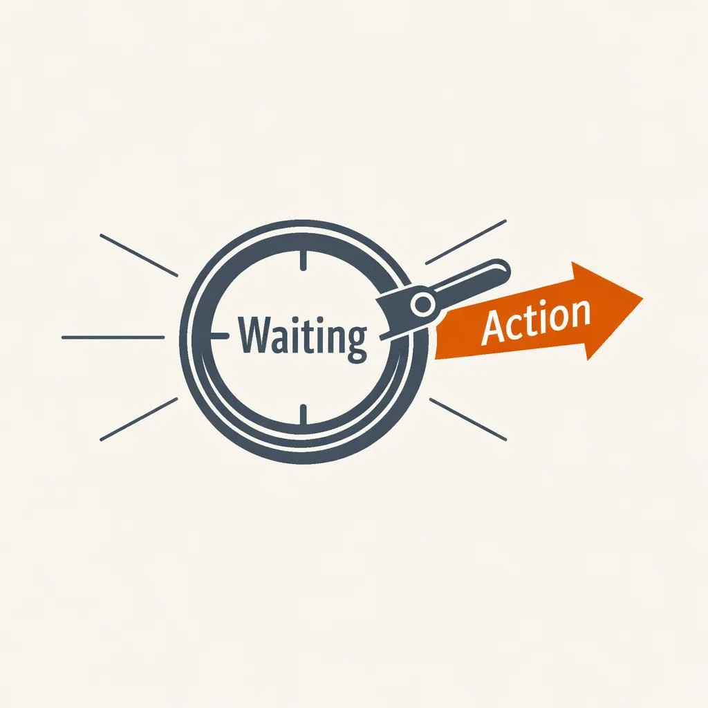 A minimalist diagram of a closed valve labeled “Waiting” being pushed open by an arrow labeled “Action,” releasing built-up pressure lines.