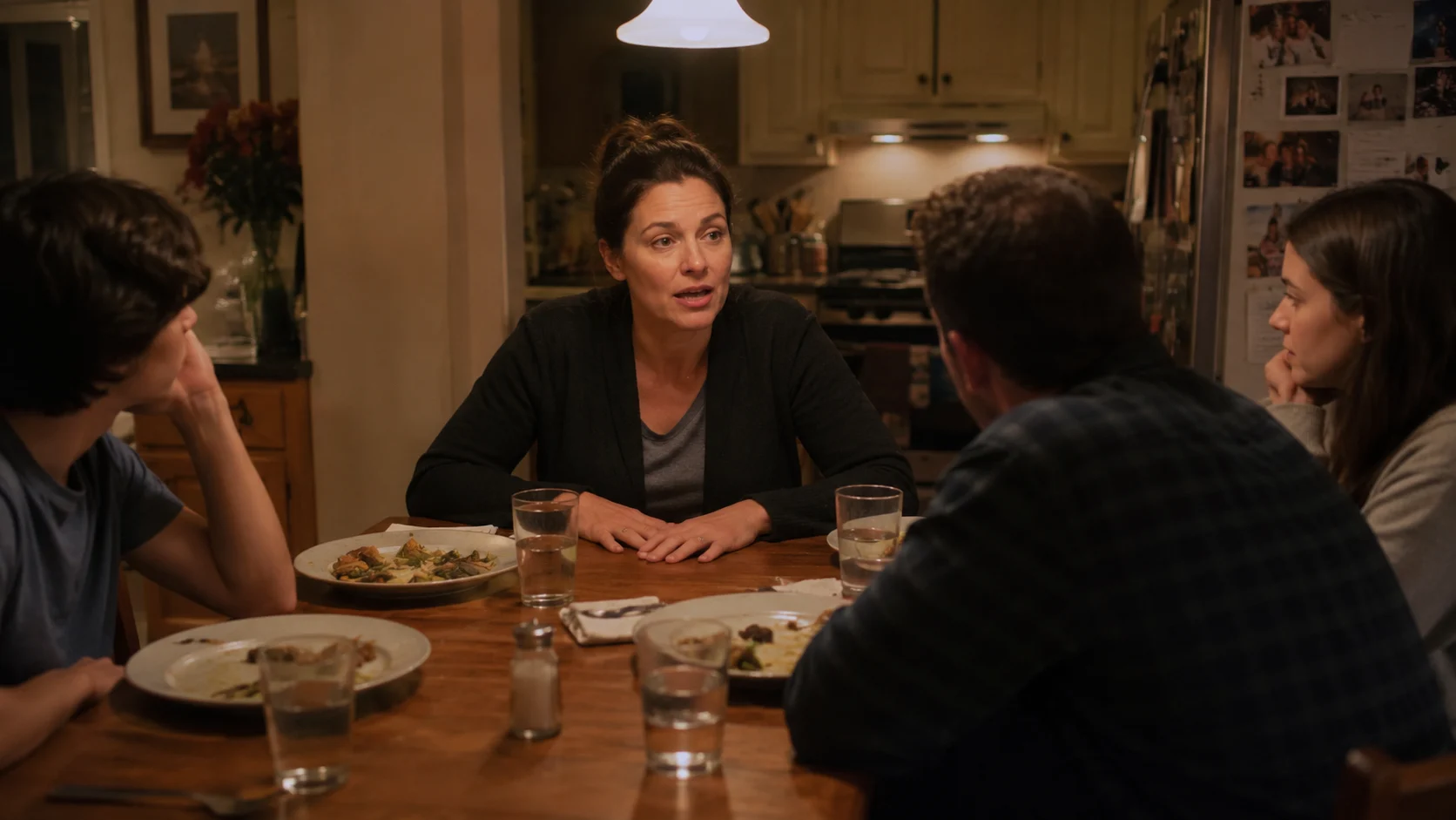 woman pausing mid-sentence at a dinner table, hands flat