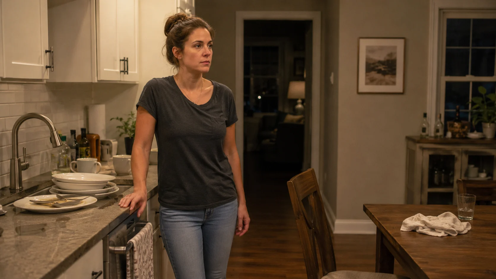 Woman standing still at kitchen counter after dinner, plates stacked nearby