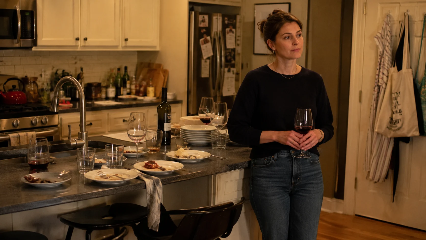 woman standing by cluttered counter after a dinner party