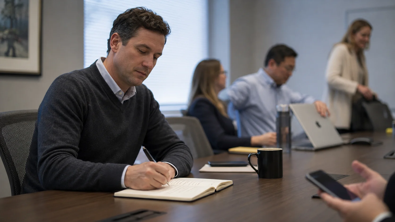 Man writing in a notebook at a table while others around him pack up