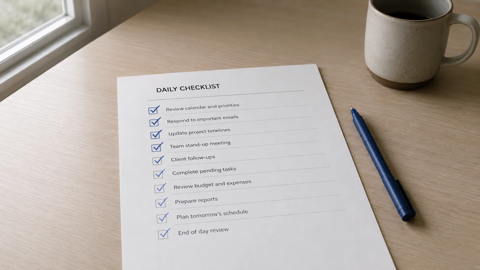 paper checklist, all boxes checked in blue pen, pen beside it