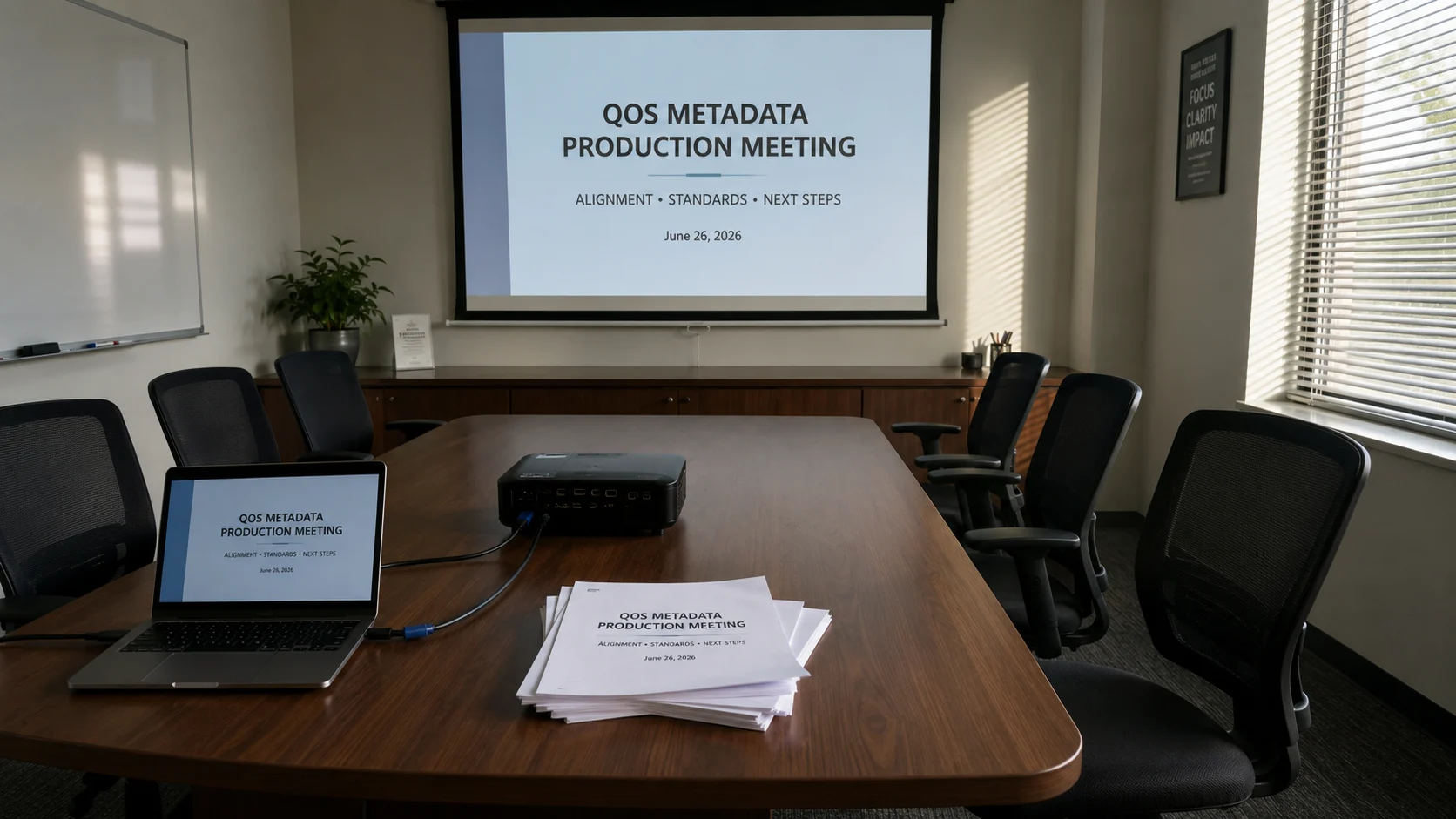 empty chairs around a table, projector slide on wall, handouts untouched