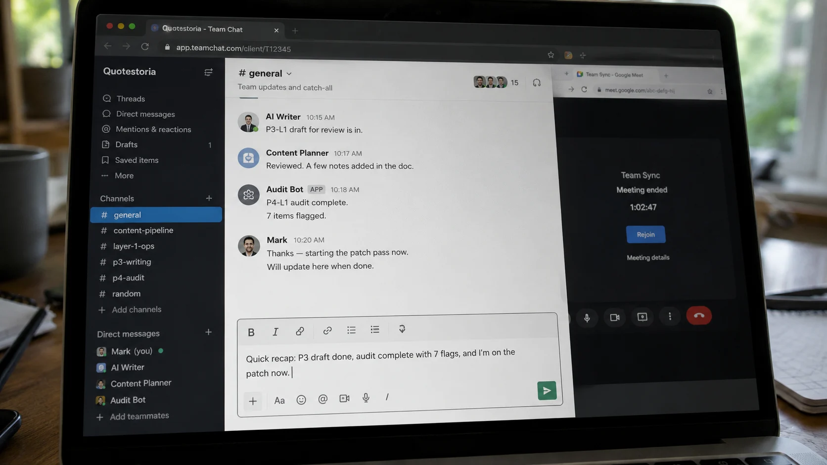 laptop chat window open, message being typed, call tab behind it