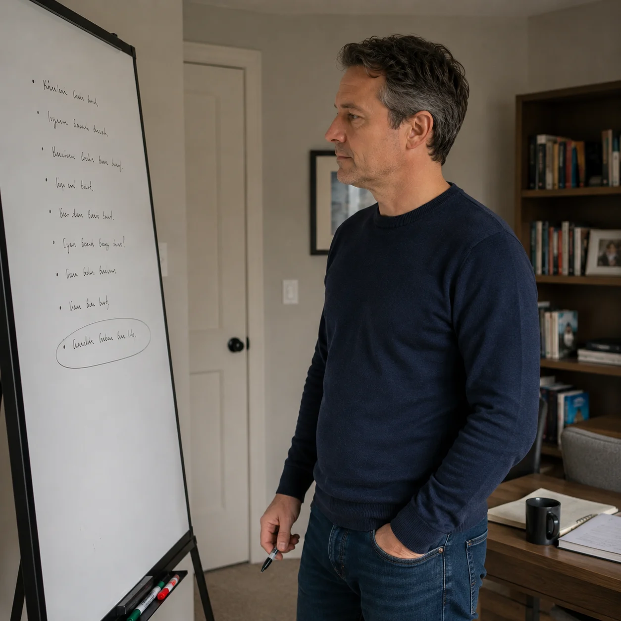 Person standing at a notepad with a circled item at the bottom, pen capped at their side, looking at the list