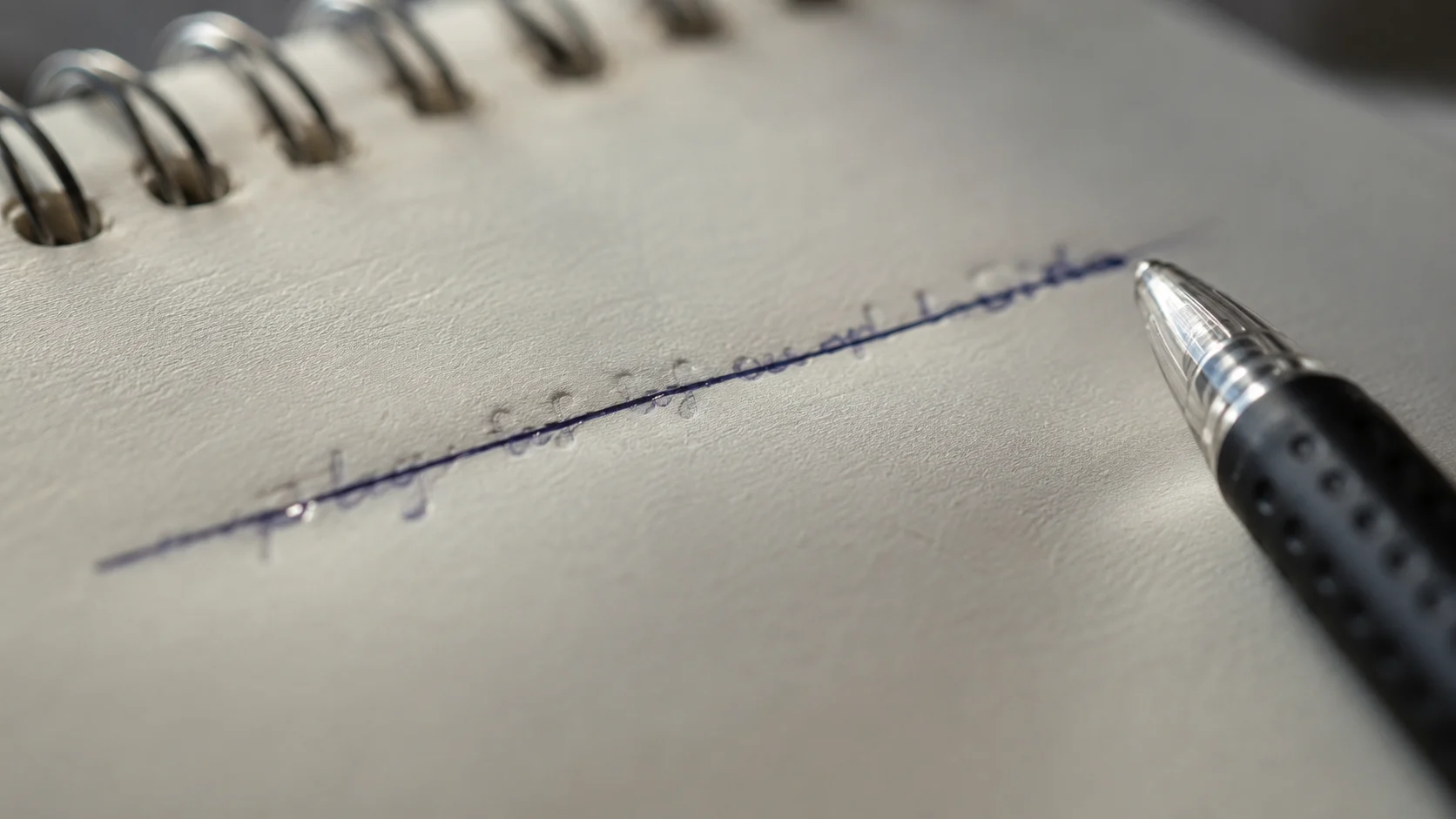 notebook page with fresh pen strikethrough, pen resting on paper