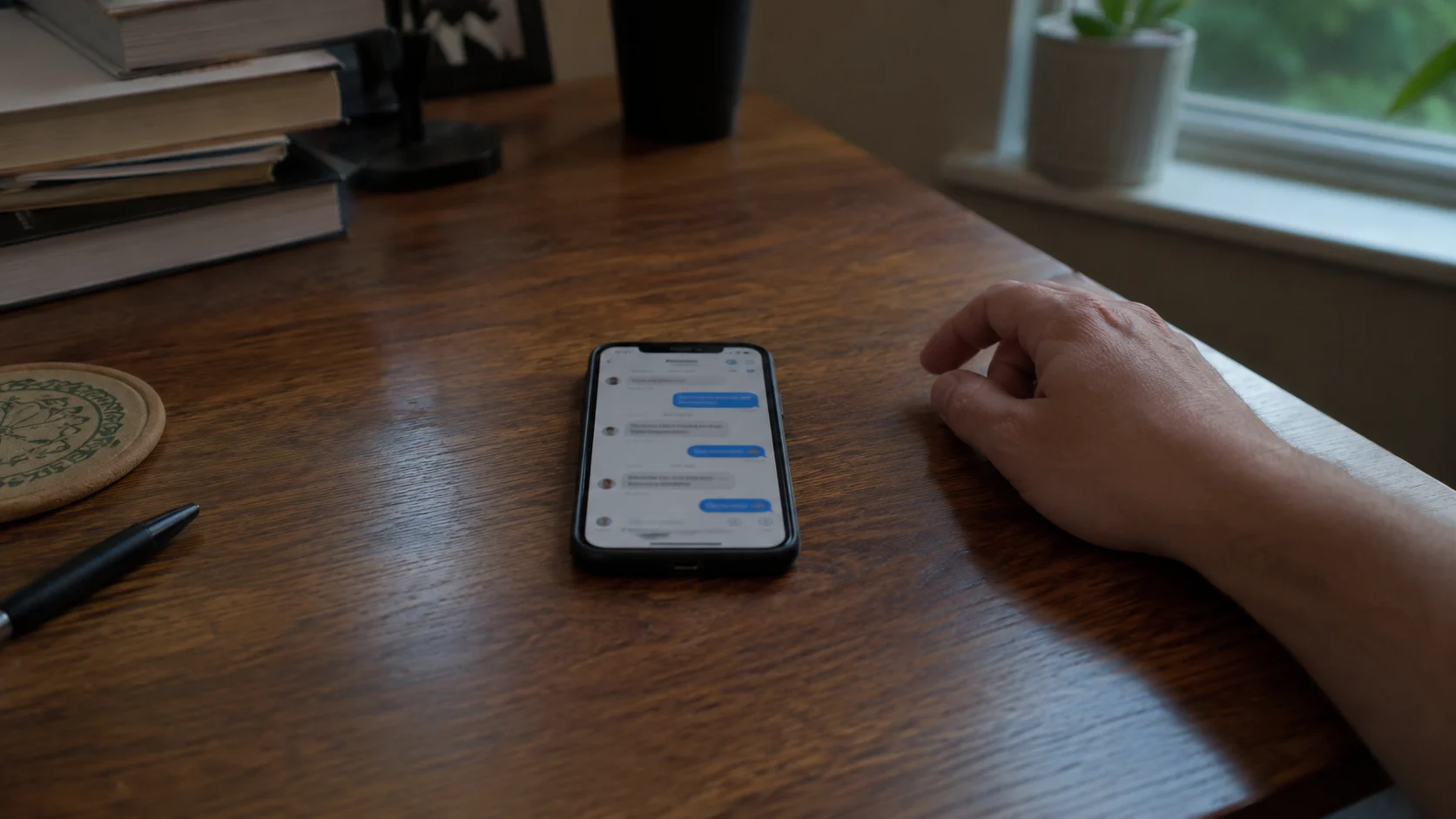 phone face-up on desk, screen lit, hand resting nearby