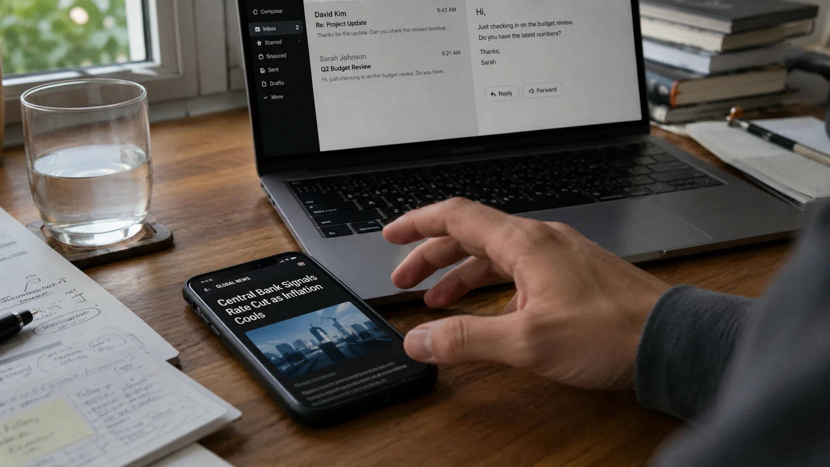 phone lying face-up on desk, hand reaching toward it