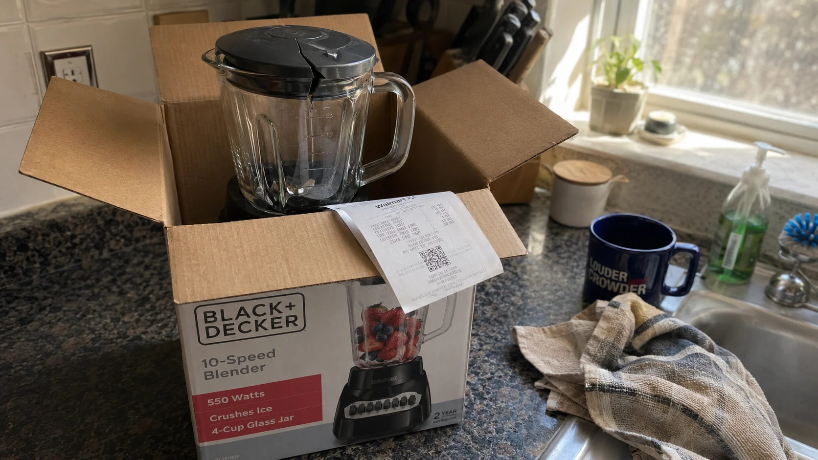 Cracked blender repacked in its box beside a folded receipt