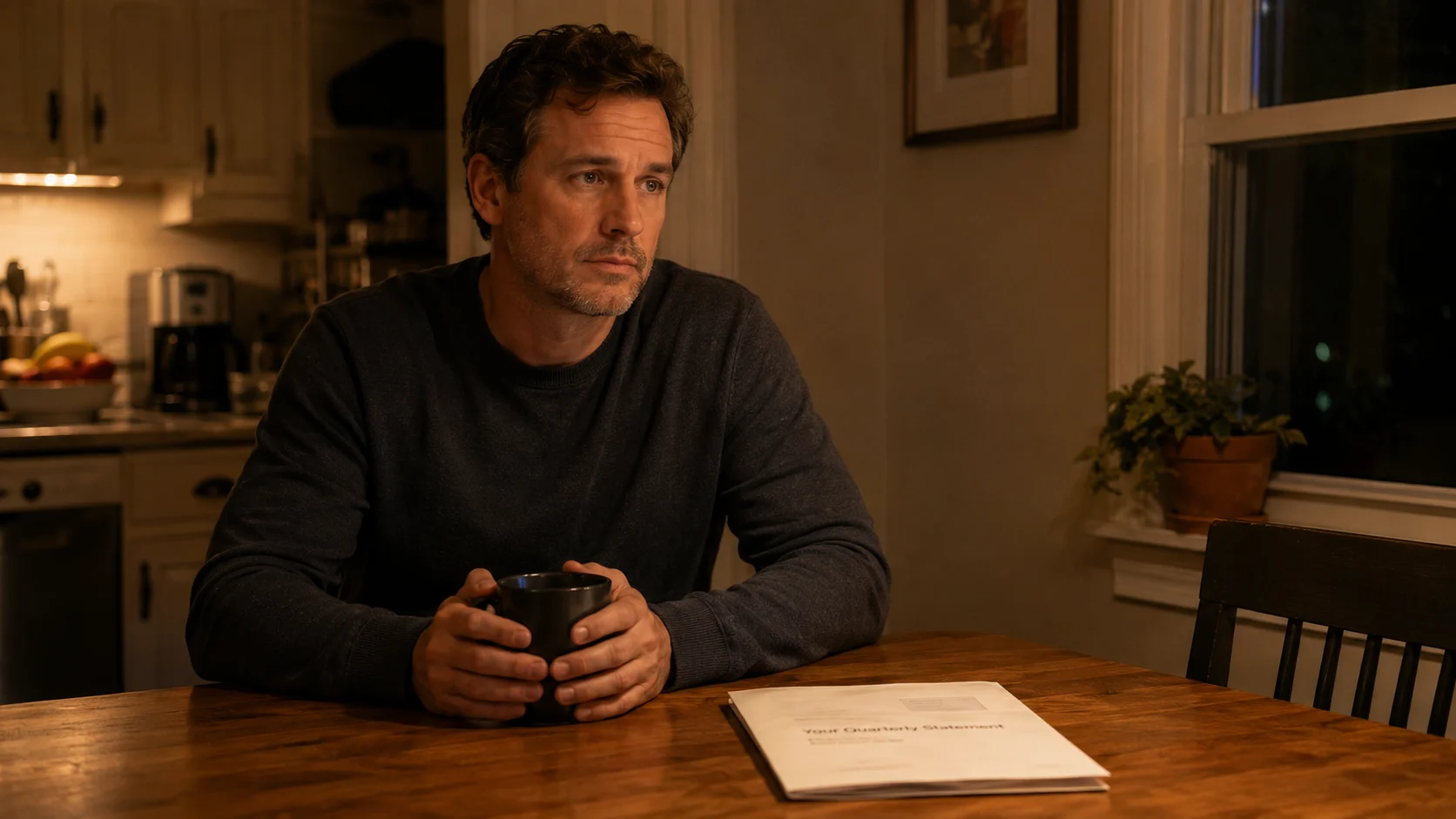 Person at kitchen table, hands around a mug, closed financial folder in front of them, gaze slightly elsewhere