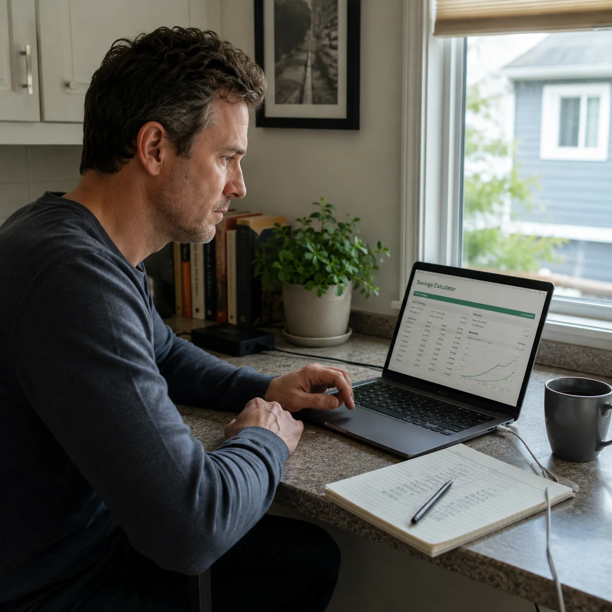 Person at home laptop on weekend, handwritten numbers on notepad beside them, working through a financial calculation