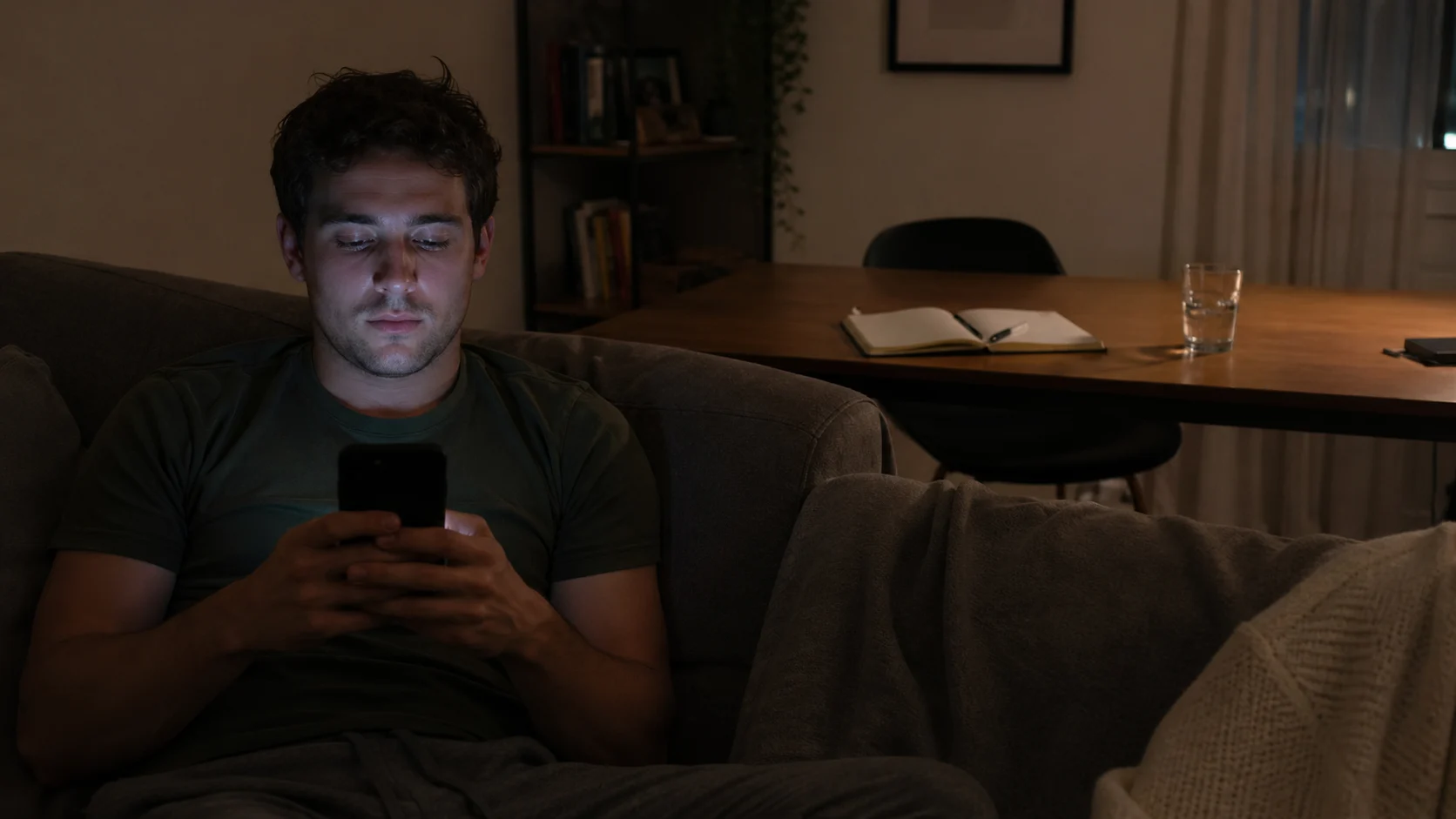 Person scrolling phone on couch while open notebook sits untouched on desk behind them.