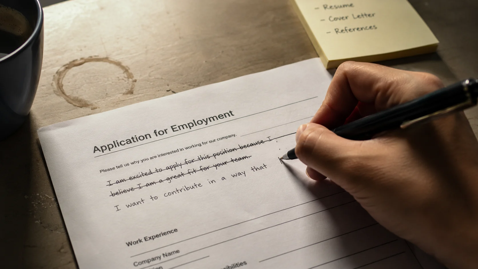 hand crossing out a sentence on a job application, smaller line written below
