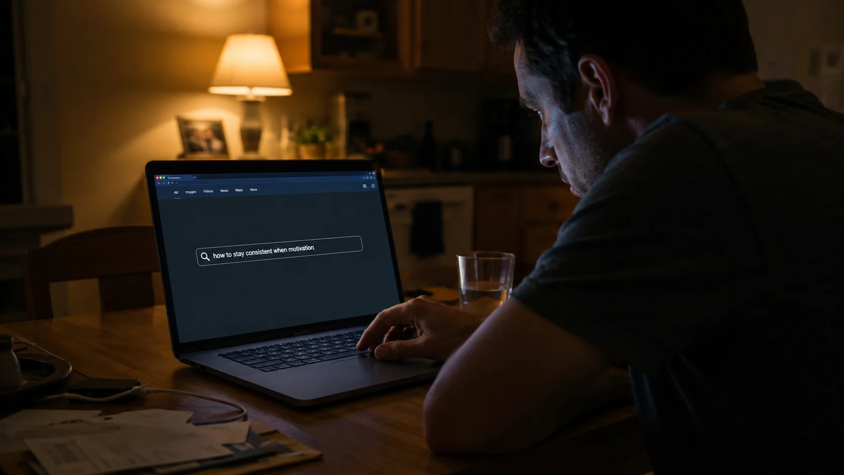 man at laptop, thumb hovering over enter key