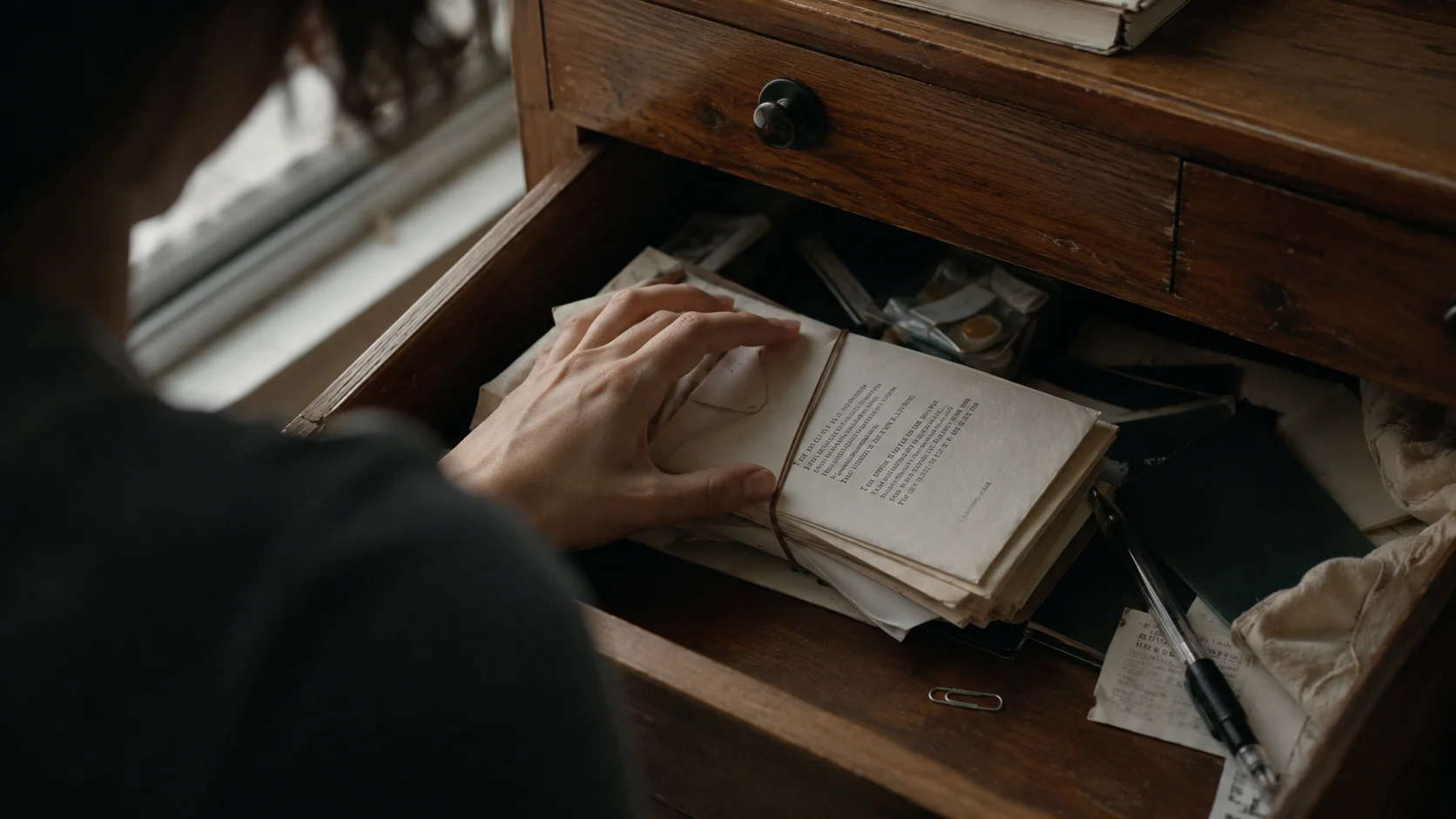 Hand paused over a rubber-banded bundle of folded letters in a drawer