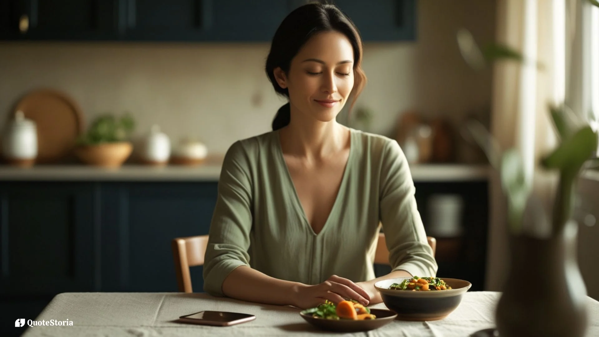 Woman mindfully eating at her dining table, putting her phone away.