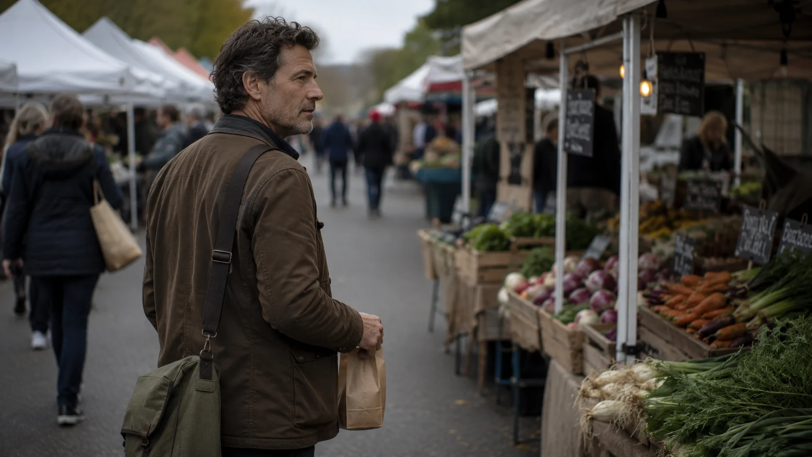 Person at a market stall entrance, gaze assessing before stepping forward