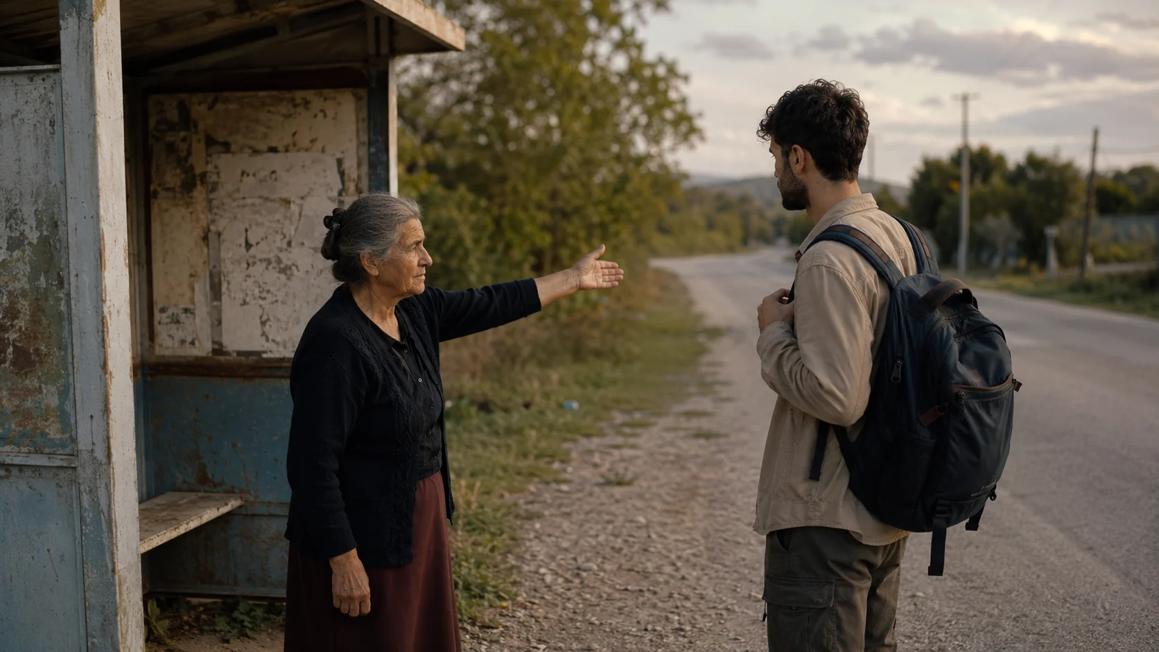 A traveler at a quiet bus stop receives unexpected help from an older local woman.